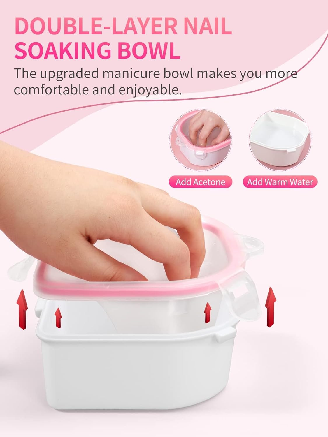 (Pink) - Nail Soaking Bowl, 2PCS Soak off Gel Polish Dip Powder Remover Manicure Bowl with Triangle Cuticle Peeler and Stainless Steel Cuticle Pusher Nail Art Tool (Pink) image number 4