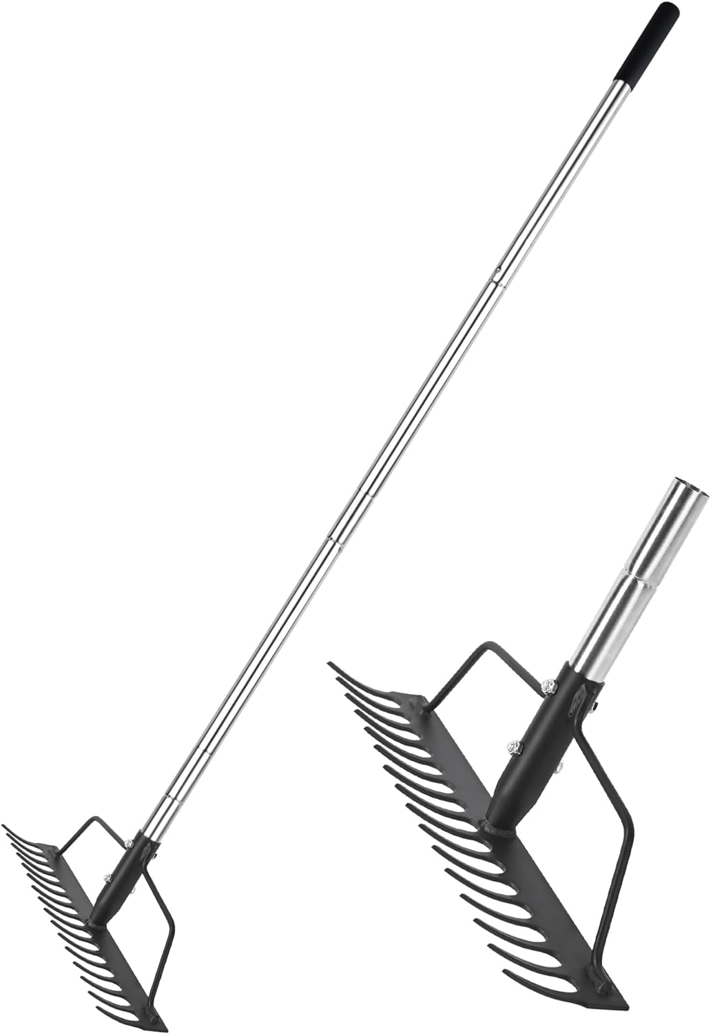 15 Inch Wide Heavy Duty Bow Rake, 16 Steel Tines Metal Head Rake Tool with Stainless Steel Handle, Adjustable Long Handle Garden Rake for Loosening Soil Leveling Mulch Gathering Lawns Leaves image number 5