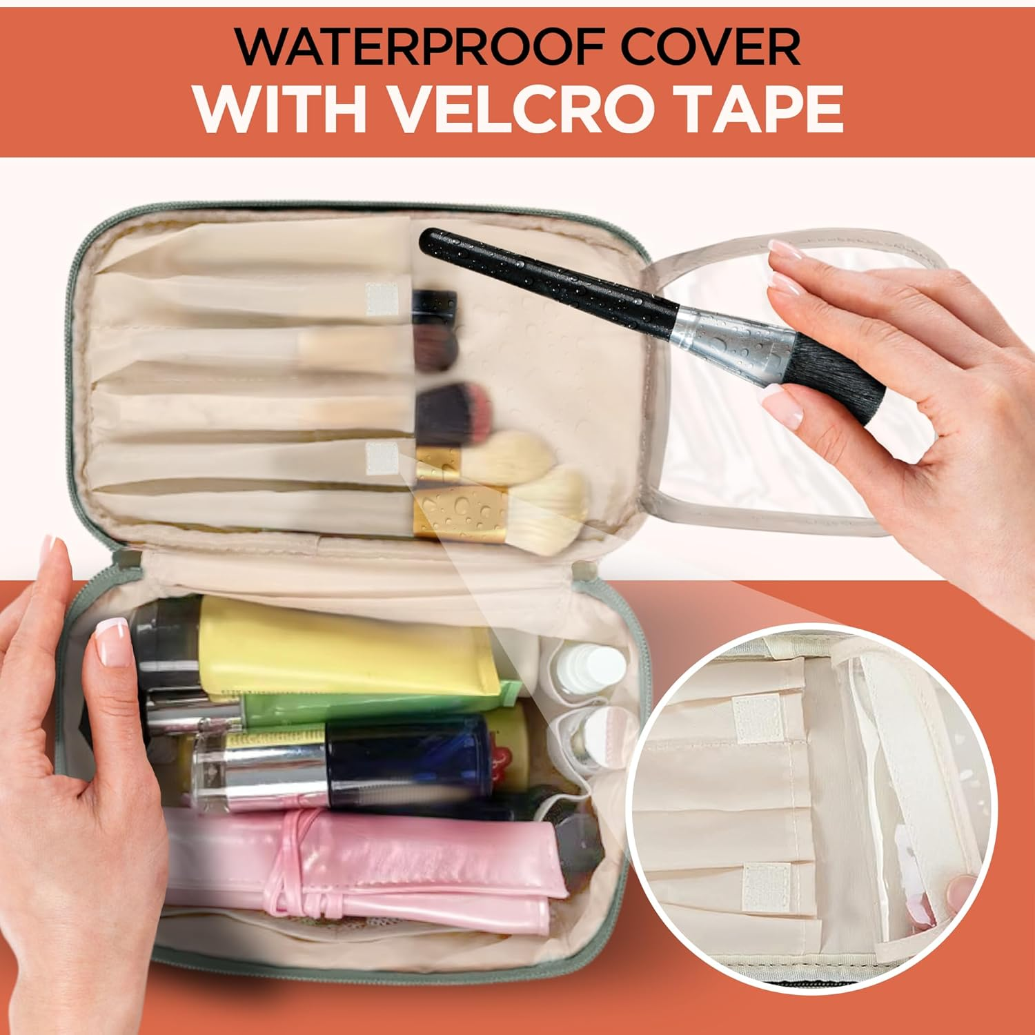 Leesh & CO Makeup Bag - Large Travel Cosmetic Organizer with Brush Holders for Women - Eco-Friendly Vegan Leather, Waterproof & Durable Cosmetics Bag - Perfect for Toiletries, Beauty Products (Green) image number 4