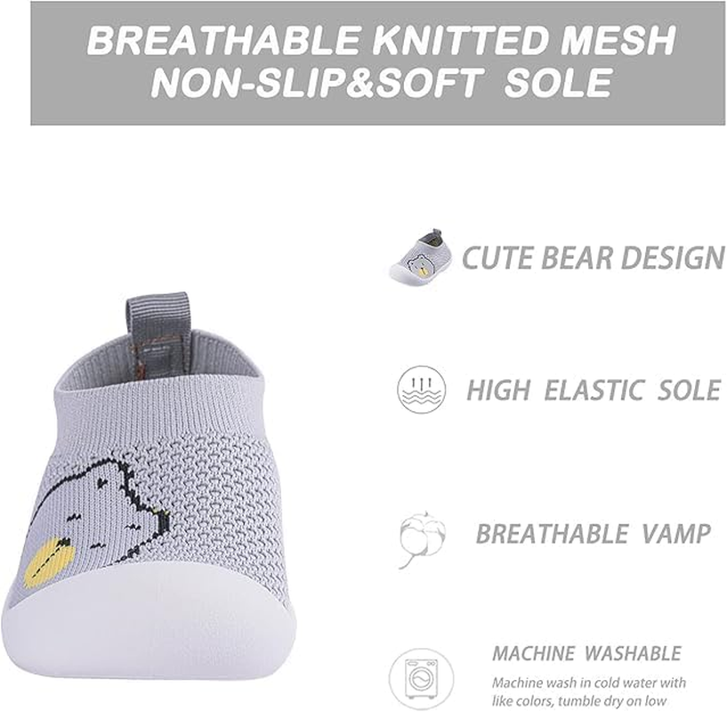 Baby Toddler Sock Shoes Non-Skid Slipper with Rubber Soft Sole Breathable Cotton Walking Shoes for Baby Boys Girls Lightweight Slip-On Sneakers Baby Trainers Indoor Outdoor Grey image number 4