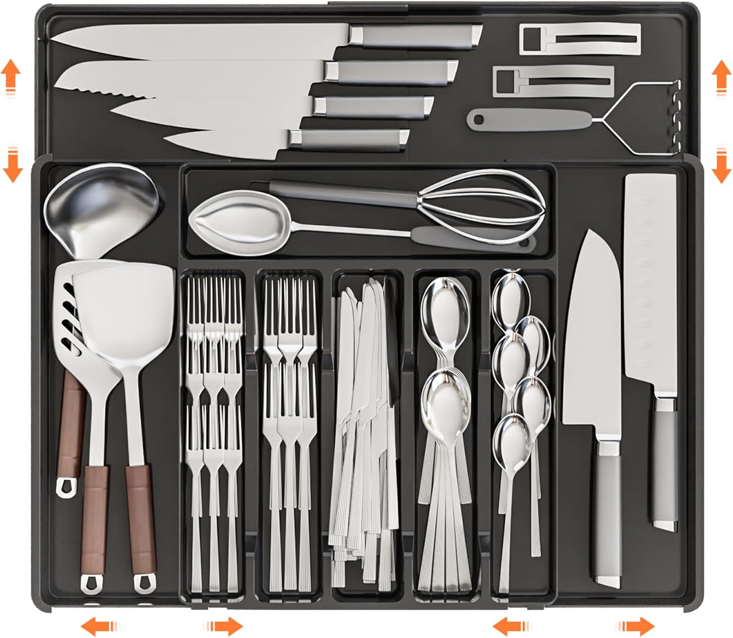 IGGDOQI Cutlery Drawer Organiser, Silverware Organiser for Kitchen Drawers with 9 Compartments, 3 Sided Expandable Utensil Tray, Adjustable Flatware Tray for Spoons Forks Knives (Large-Black) image number 2