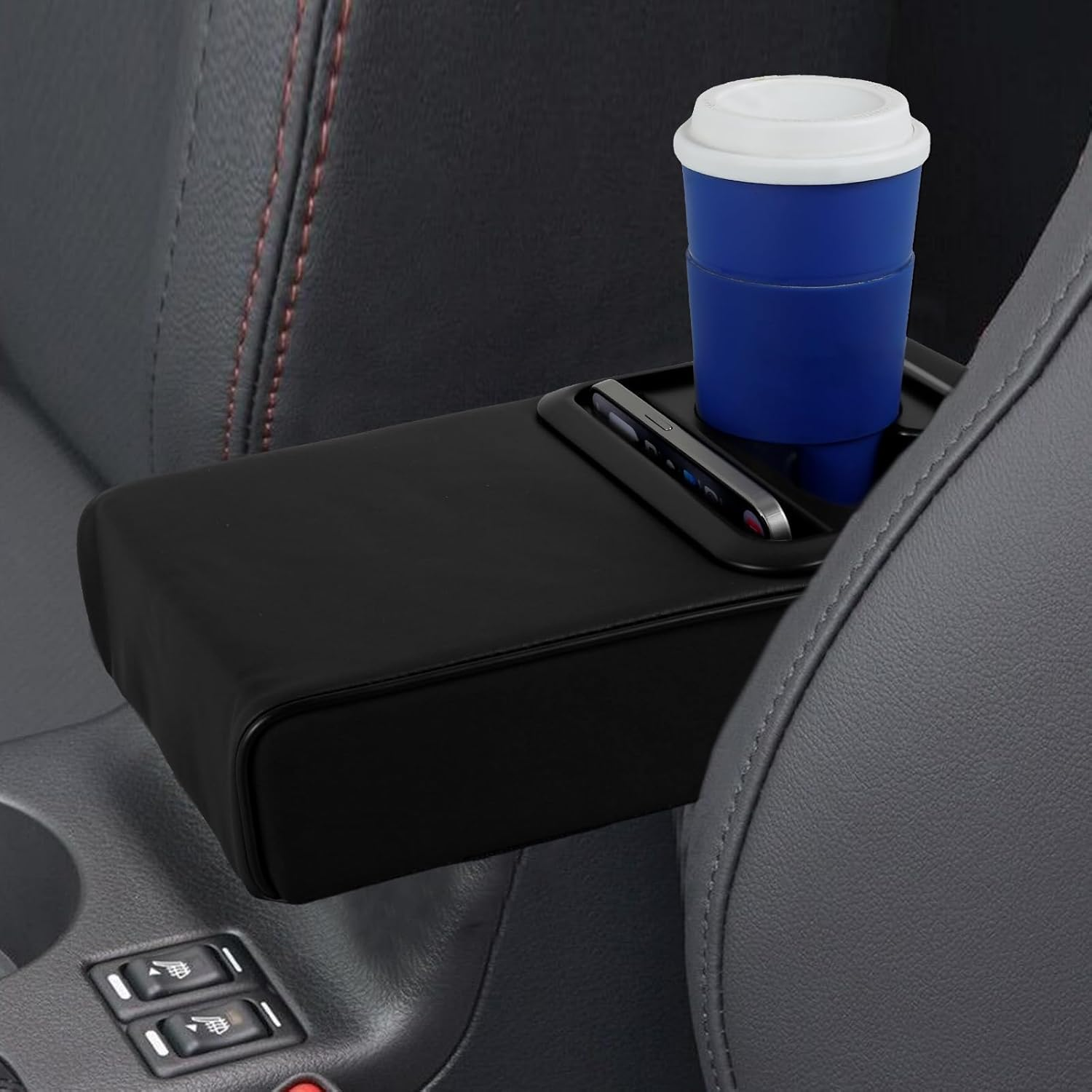 Abizarch Car Center Console Armrest Pillow, PU Leather Auto Armrest Cushion Box with Cup Holder and Phone Holder, Universal Car Armrest Cushion Anti-Scratch Pads for Sedan SUV ORV RV (Black) image number 4