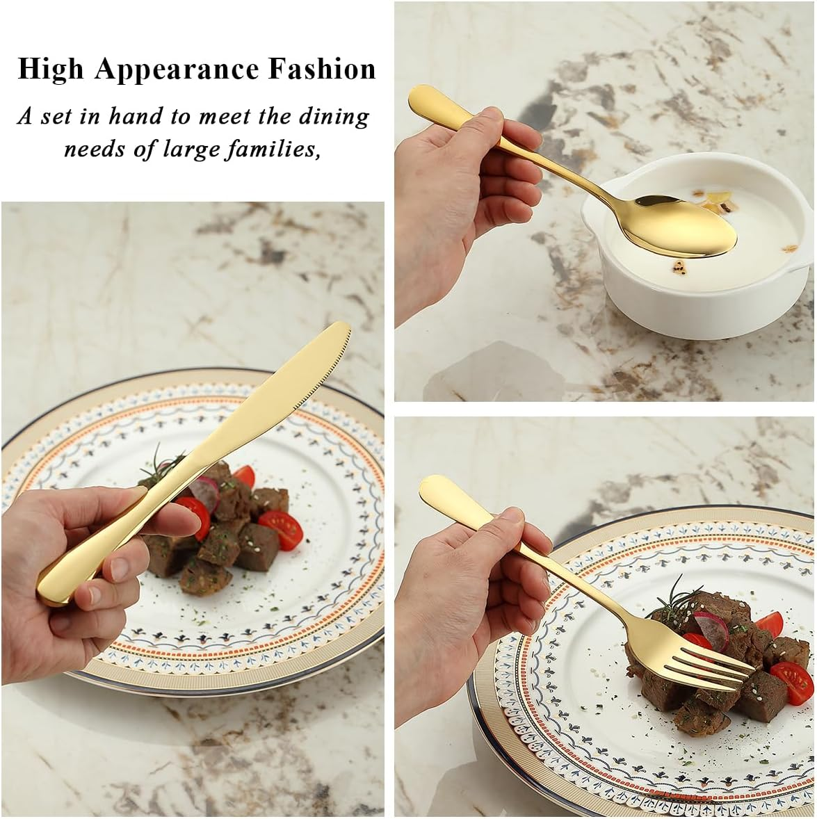 Gold Cutlery Set 48 Pieces Service for 12, Berglander Titanium Gold Coating Handle Stainless Steel Flatware Set, Knives Forks Spoons Silverware Set image number 4