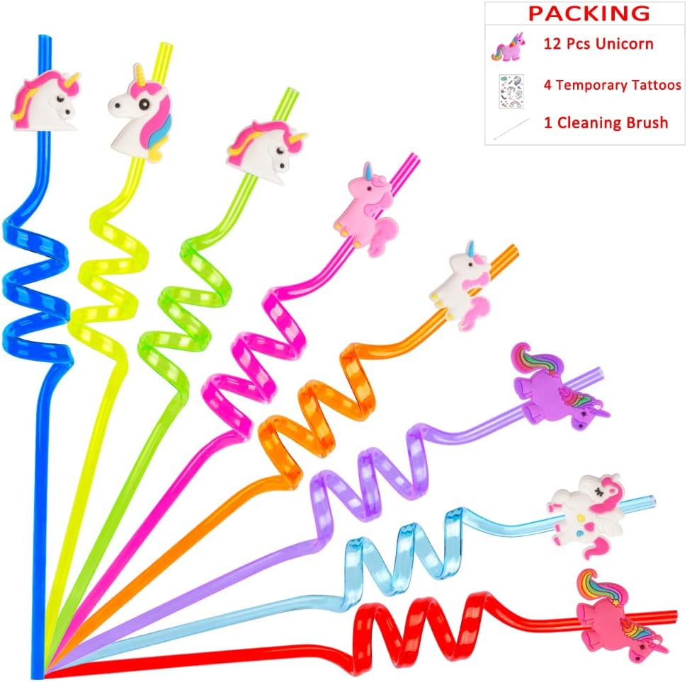 Pack of 12 Unicorn Drinking Plastic Straws + 4 Temporary Tattoos + 1 Cleaning Brush, Reusable Drinking Straws for Birthday Party Accessories image number 5