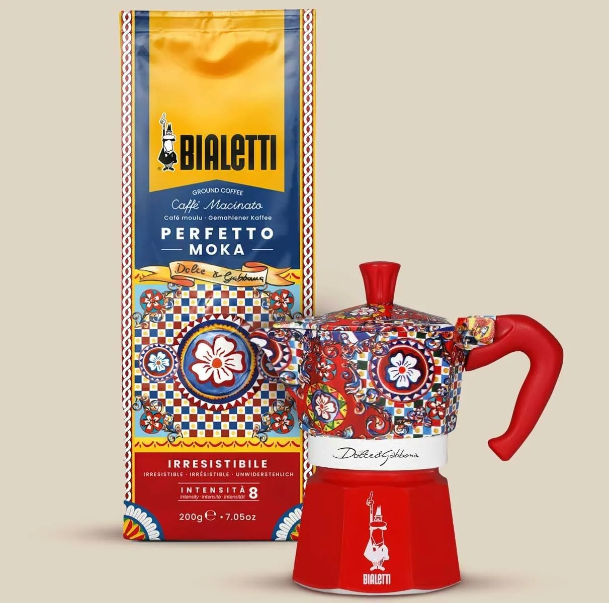 Bialetti Dolce&Gabbana Sicilian Cart Moka Induction Coffee Maker | Bi-Layer Boiler Technology | Compatible with Induction, Electric & Gas Stovetops | Soft-Touch Handle | 90 Ml Capacity, 2 Cups