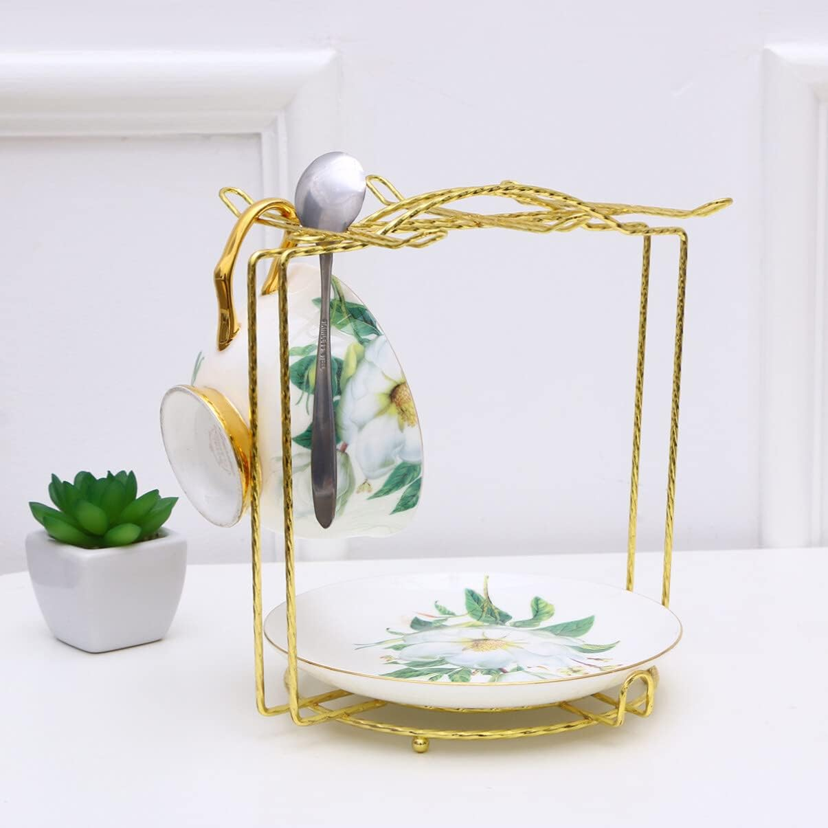 Luxshiny Clothes Drying Rack Coffee Cup Holder Rack, Stainless Steel Mug Rack Cup Saucer Display Stand Tea Cup Rack Display for Table Cabinet Clothes Rack - Golden2 image number 6