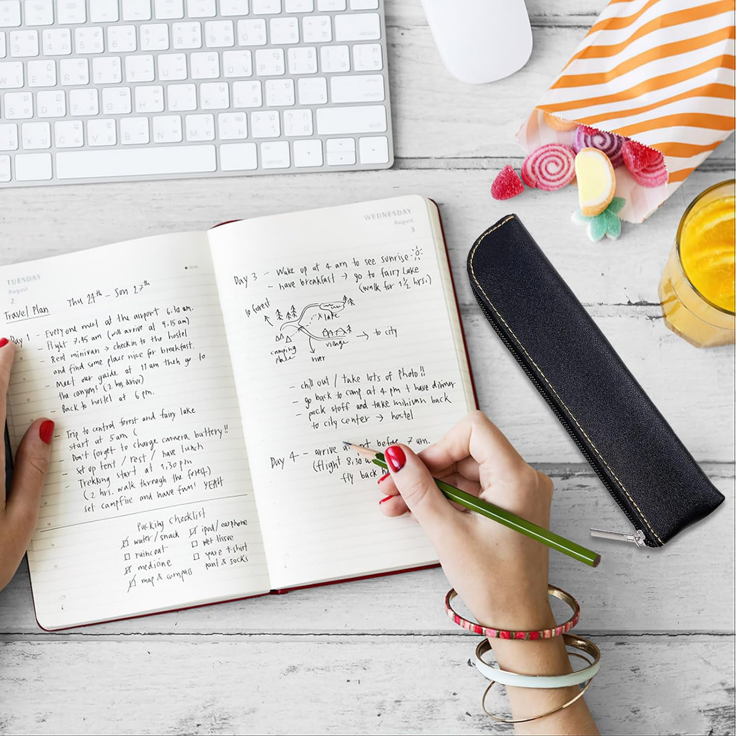 Binzus 5 Pcs Leather Pen Case Slim Design Cute Stationery Storage Bag with Zipper for Pens, Pencils, Markers (Colorful) image number 3