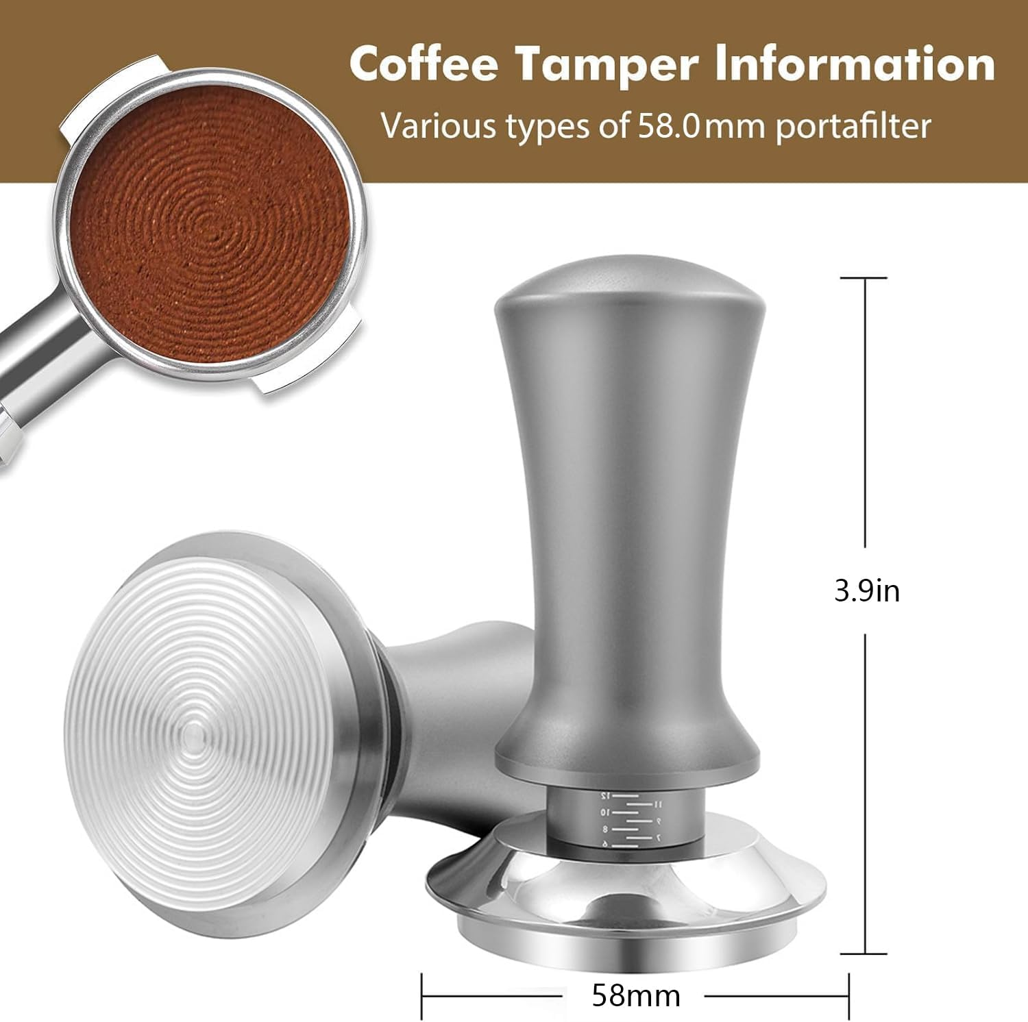 58Mm Espresso Coffee Tamper, Spring Loaded Tamper, Stainless Steel Barista Espresso Tamper, Calibrated Espresso Hand Tamper with Scale, for 58Mm Portafilter image number 1