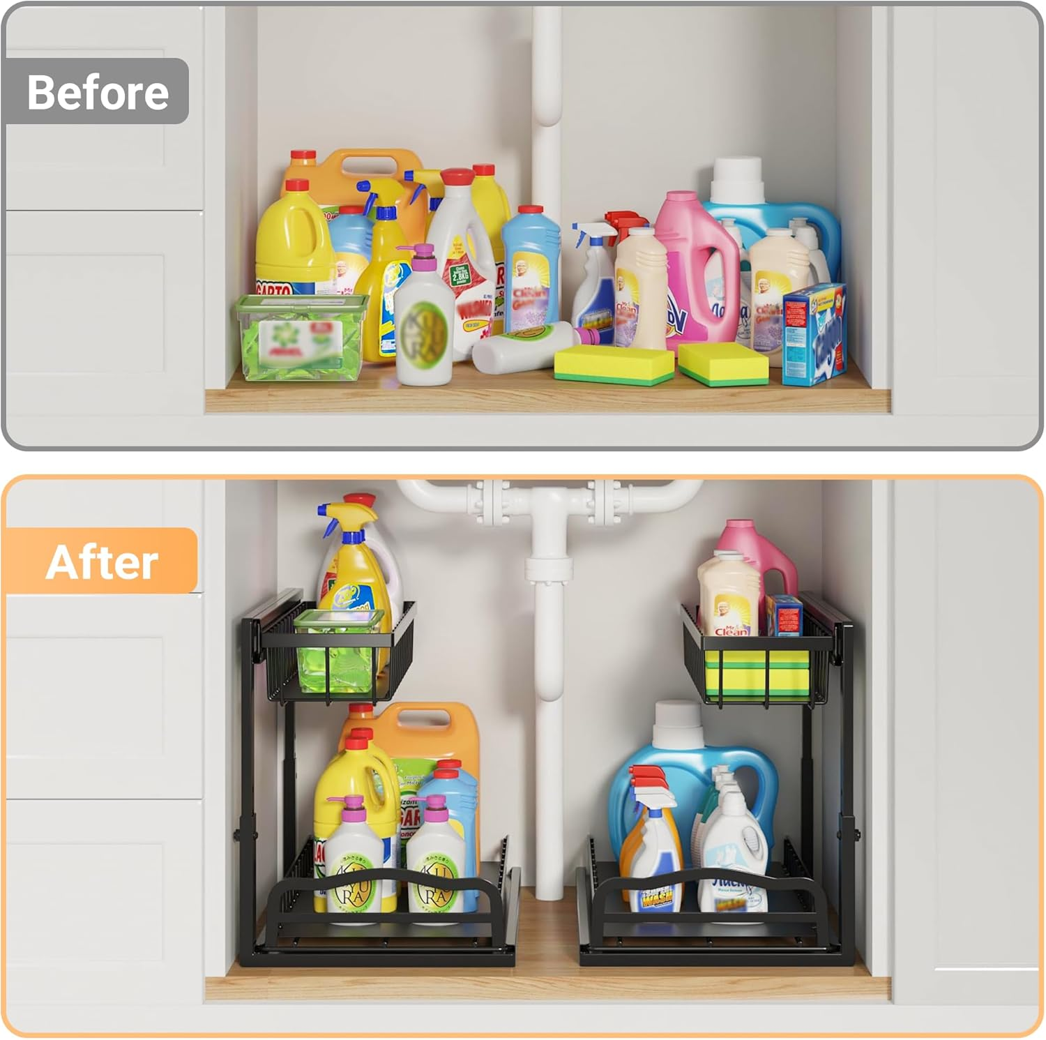 Acemining under Sink Organizer, 2 Pack Pull-Out under Cabinet Organizer, 2 Tier under Sink Storage with Sliding Basket, L-Shaped and Adjustable Height Design for Kitchen and Bathroom