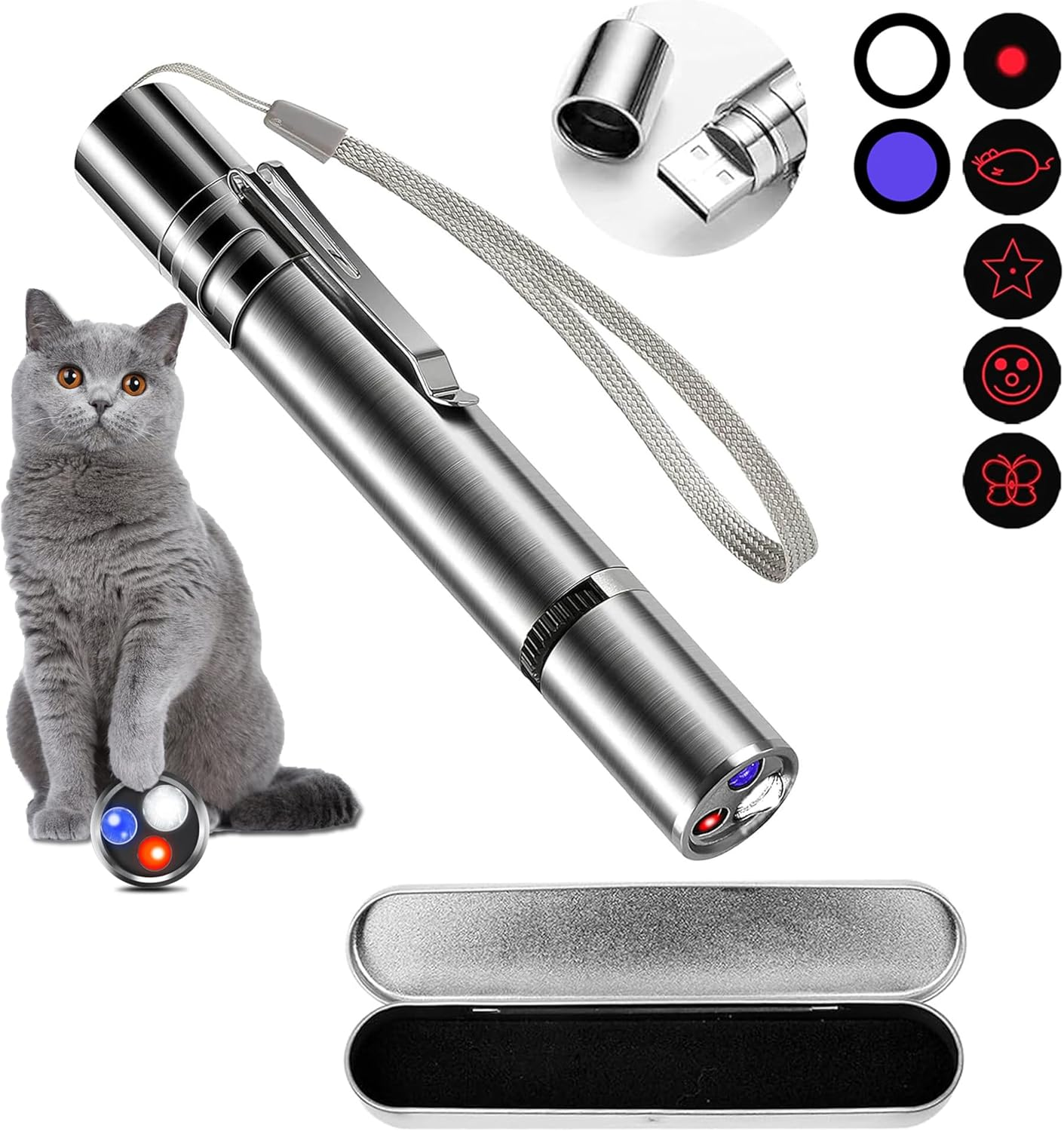 Cat Laser Pointer Toy, 3 Light Modes, 5 Patterns, Interactive Pet Wand, Rechargeable