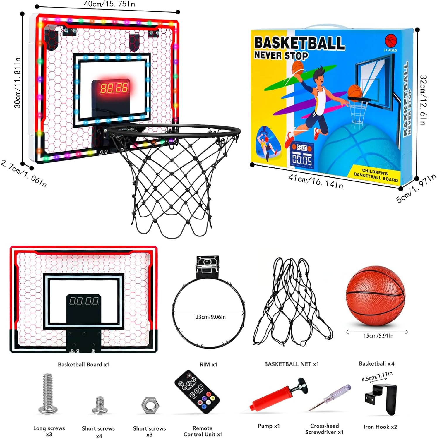 Indoor Basketball Hoop for Kids over Door Mini Basketball Hoop with 4 Red Rubber Balls Basketball Ring with Scoreboard Timer and Remote Control Gifts for 4-12 Year Old Boys Girls