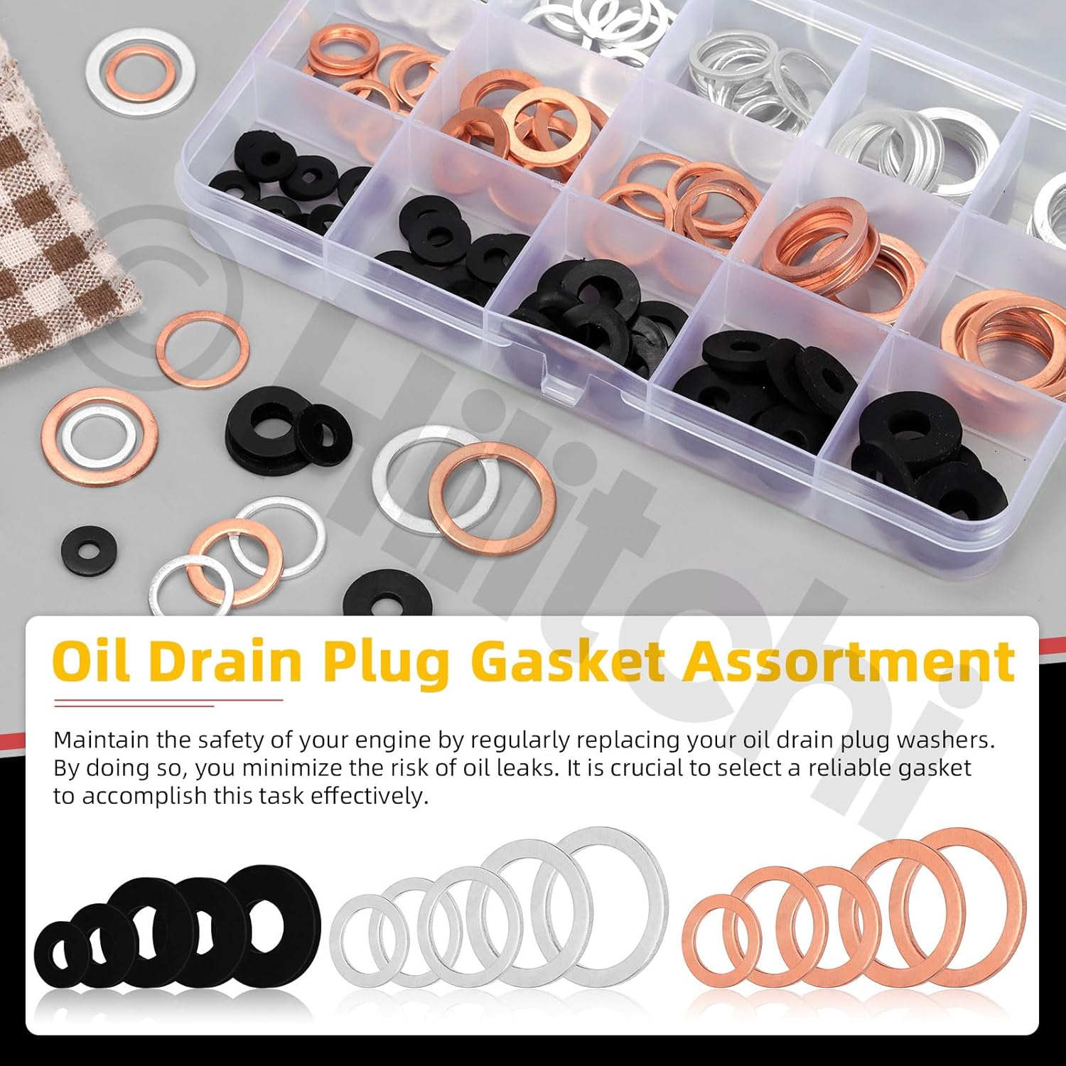 Hilitchi 150Pcs Aluminum Copper Oil Drain Plug Gasket and Black Nylon Flat Washer Assortment Kit, M10 M12 M14 M16 M18 Oil Crush Washers Sealing Washers Rubber Grommet for Car Household Appliances