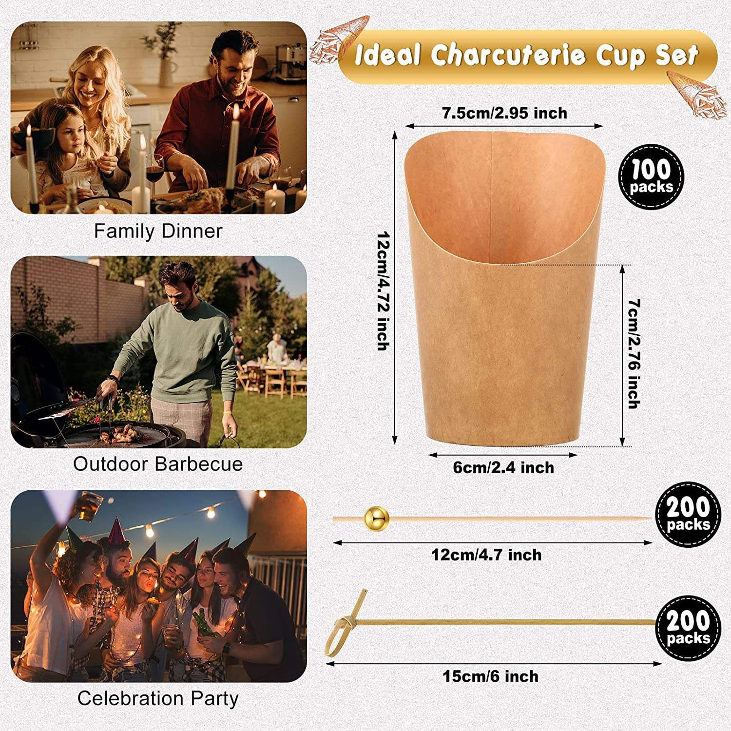 500 Pcs Disposable Charcuterie Cups with Cocktail Picks Set, 100 Pcs 12 Oz Kraft Brown Appetizer Cups French Fry Holder Popcorn Ice Cream Paper Cones for Food Containers with 400 Pcs Bamboo Skewers image number 6