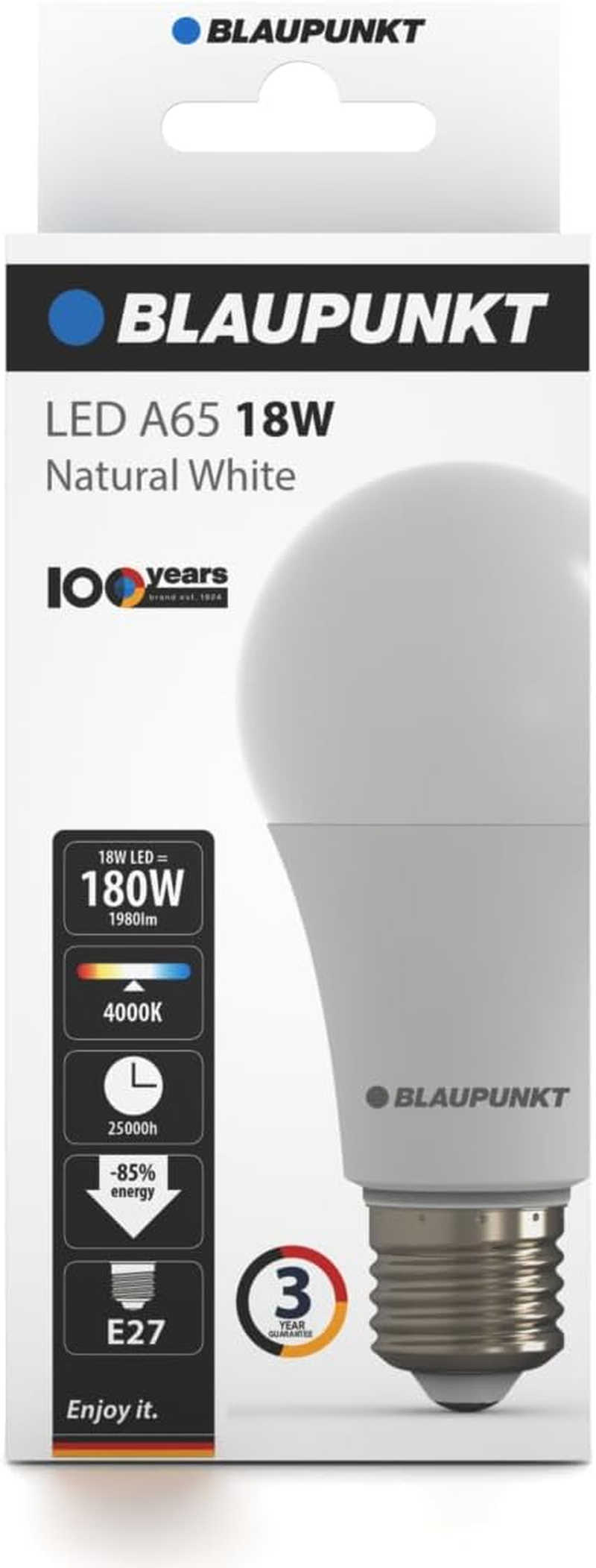 Blaupunkt LED Bulb A65 LED Lamp, E27 Base Screw, 18W, Replaces 180W Incandescent, Natural White 4000K, Neutral Daylight, Non-Dimmable, 1980 Lumen, Light, Room Lighting, 1 Piece (Pack of 1)