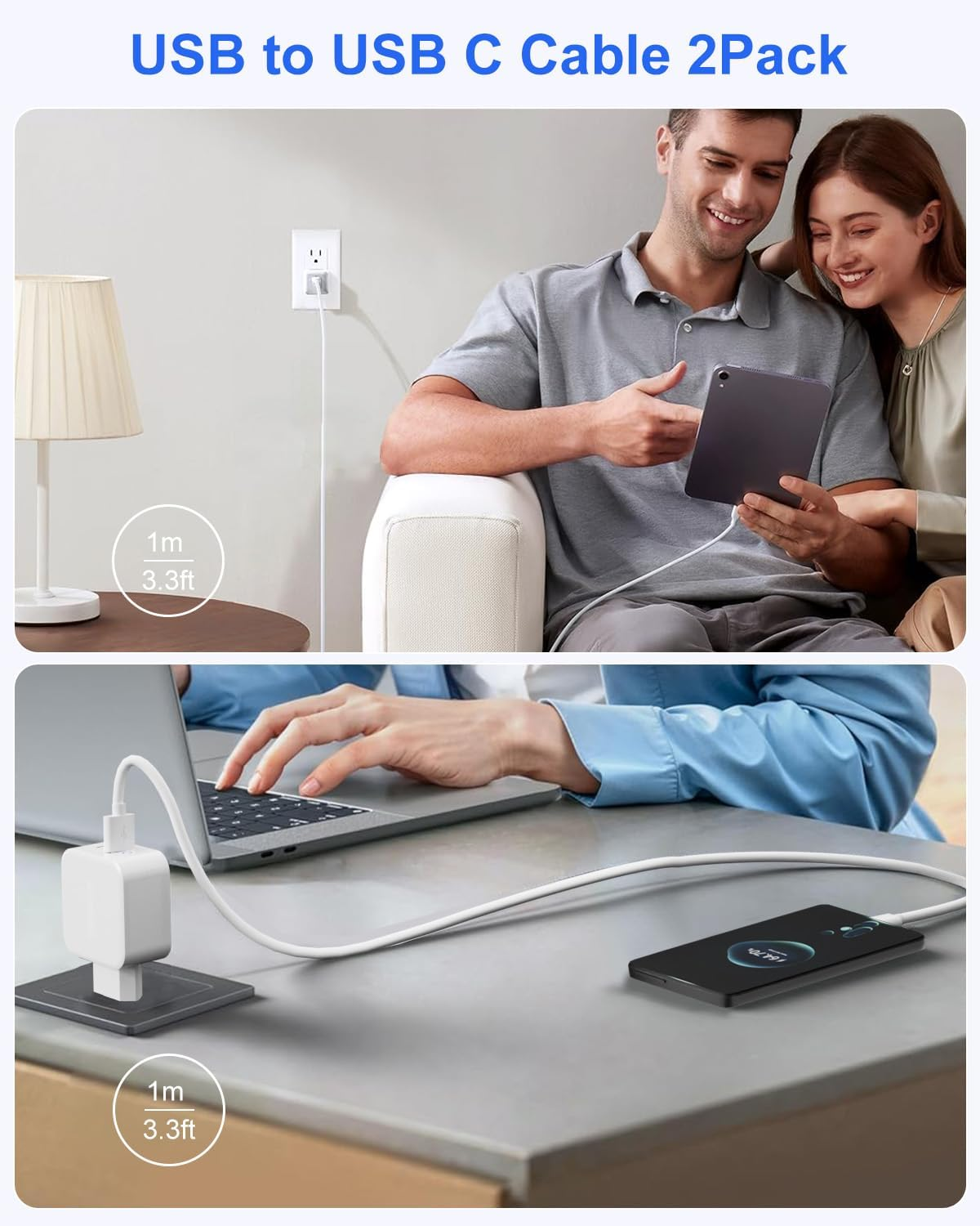 Azhizco USB to USB C Cable 1M 2Pack, USB C Cable 3A USB a to USB C Fast Charging for Iphone 16 Iphone 15, Galaxy S24 S23 S22 Ultra, Pixel, LG, Motorola Moto, Nokia, LG, Switch, Android Auto image number 3