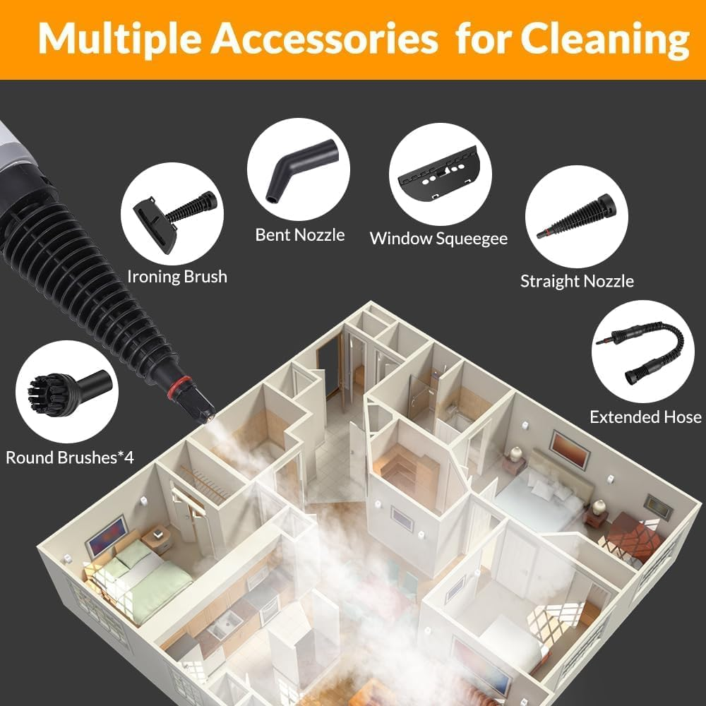 HOMIEST Handheld Pressurized Steam Cleaner with 12 Pcs Accessories, Portable Steamer for Cleaning, Steam Cleaner for Home Use, Cleaning Car, Furniture, Floor, Upholstery, Grout and Tile, Gray image number 2