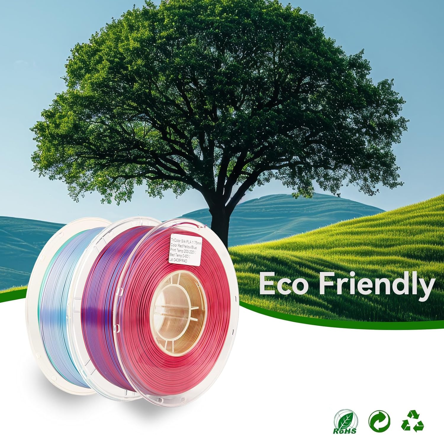 LVVJ3D Silk PLA 3D Printer Filament, Tri Colour Silk Red, Yellow, Blue Rainbow Filament, Rainbow PLA 3D Printer Filament, Clean Wound Dimensional Accuracy +/-0.03Mm, 1Kg/Spool - Matte Rainbow Pla image number 4