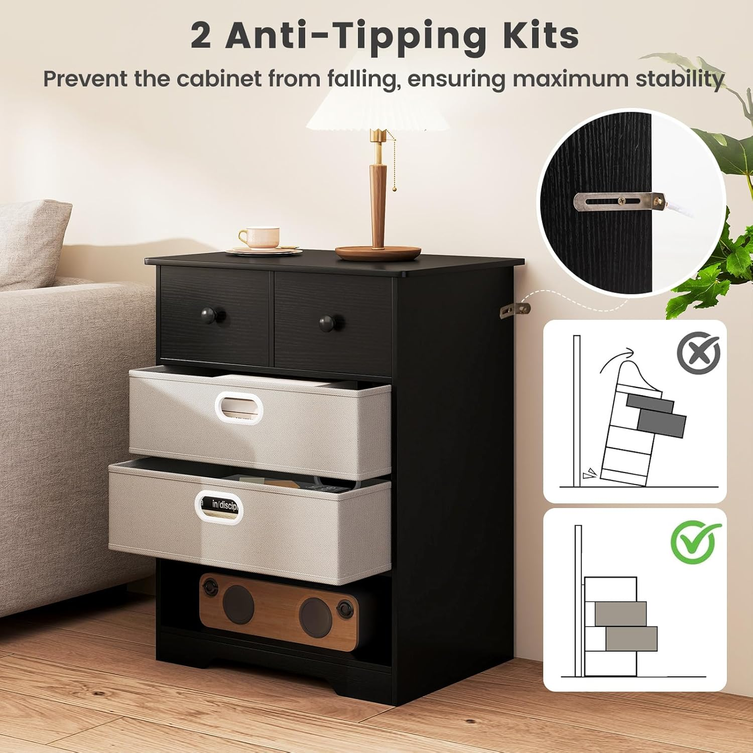 Giantex 4-Drawer Dresser, Modern Chest Storage Organizer with Open Shelves, Multifunctional Freestanding Nightstand with Anti-Tip Kits for Bedroom, Living Room, Entryway, White/Black (Black + Grey) - Black + Grey image number 3