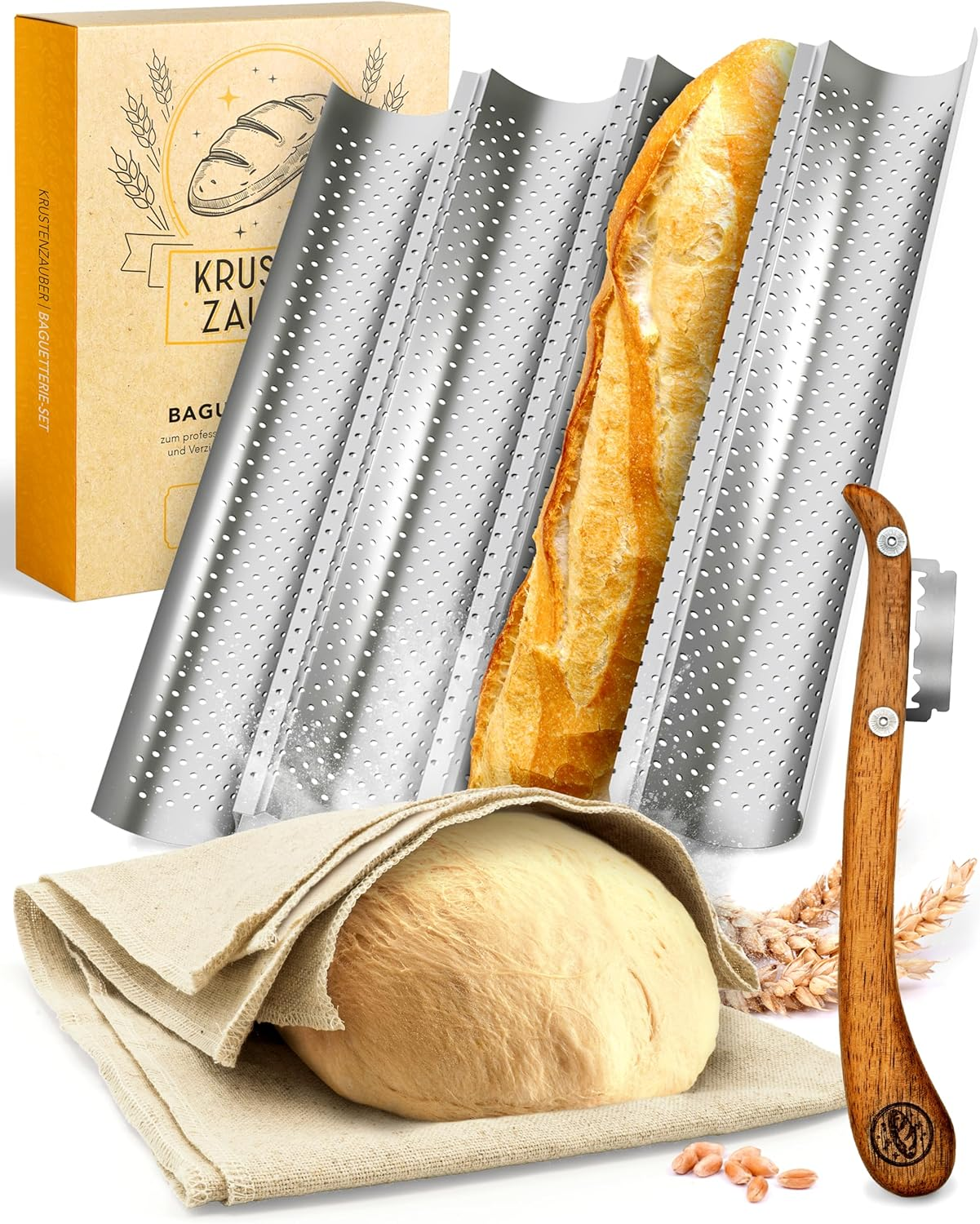 KRUSTENZAUBER Baguette Baking Mould Non-Stick Including Baker'S Lines and Baker'S Knife - 4 Baguette Baking Tray - Ideal as Baguette Tray, Bread Baking Mould, Baguette Tray, Bread Baking Accessories image number 6