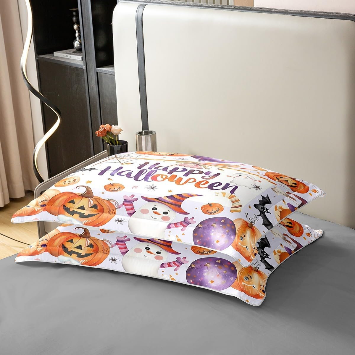 Manfei Happy Halloween Cotton Duvet Cover 3 Pcs King Size,Cute Ghost Pumpin Bat Spider Web Bedding Set for Kids Teens,Orange Purple Starry Balloons Halloween Comforter Cover(No Filler)