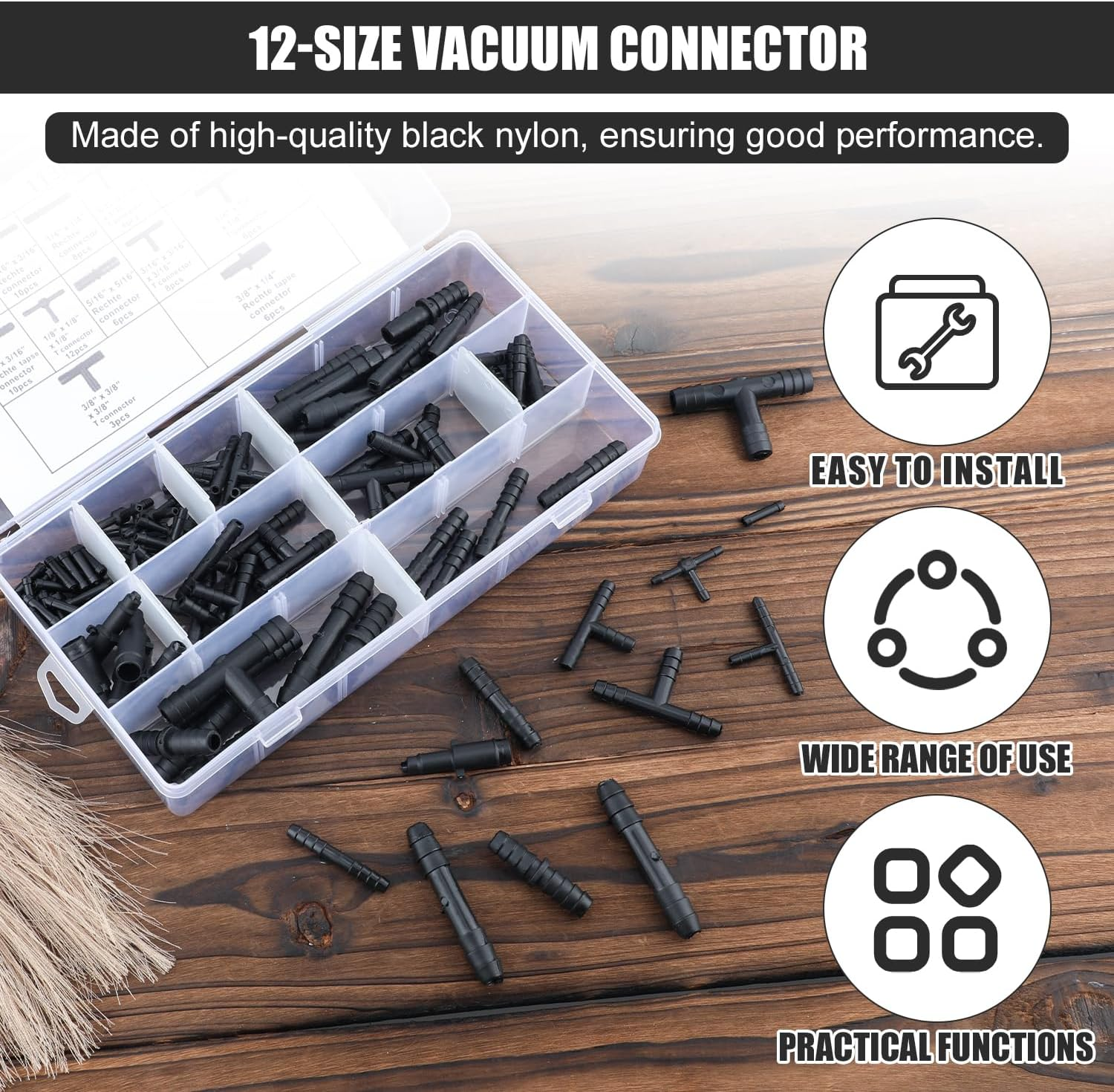 113Pcs Vacuum Connector Assortment, Automotive Vacuum Tubing Connector Vacuum Hose Connector Tee/Straight/Reducer Vacuum Line Connectors Vacuum Fittings (12 Sizes) image number 5