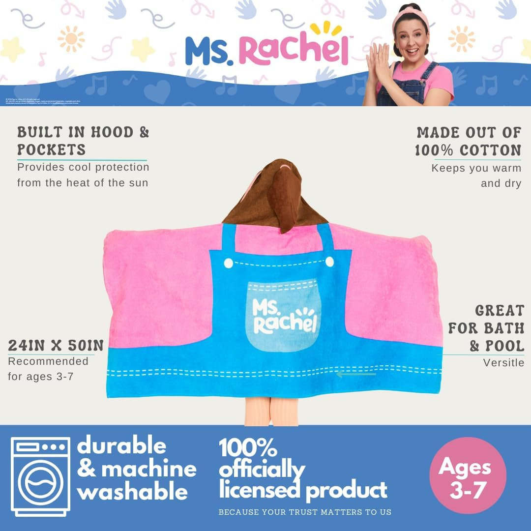 Franco Ms. Rachel Kids Super Soft Bath/Pool/Beach Soft Cotton Terry Hooded Towel Wrap, 24 in X 50 In, (Officially Licensed Product) image number 6