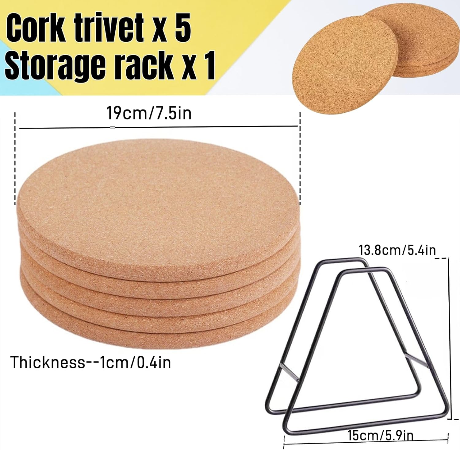 Cork Trivet for Hot Dishes, 5 Pack round Cork Coaster with 1 Pcs Plate Holder Organizer, High Density Thick Heat Resistant Cork Trivets for Hot Pots Table Countertop image number 1