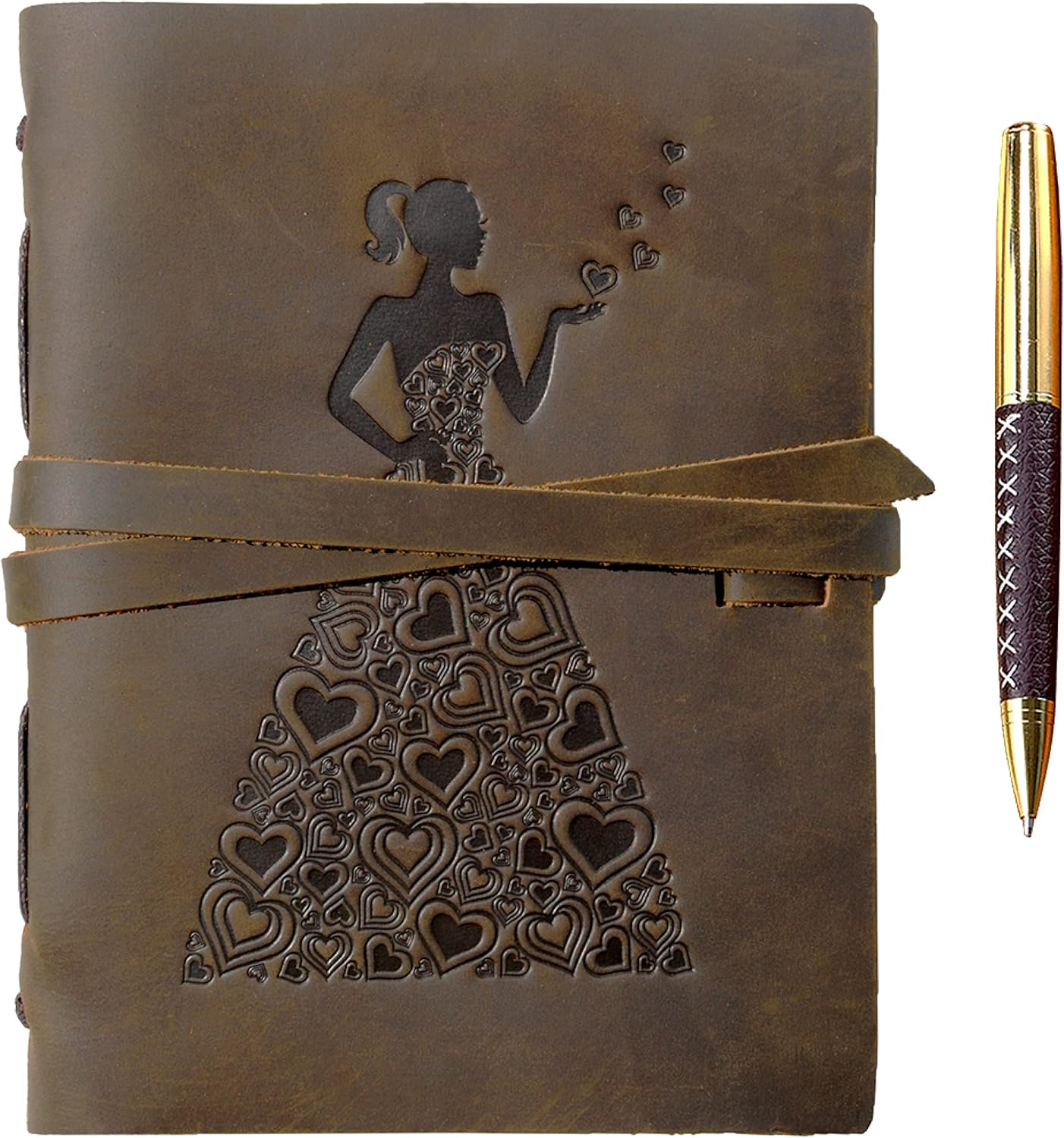 Genuine Leather Journal for Women to Write in | Travel Gift Notebook for Girls | Lady in Heart Dress of Hearts A5 Handmade Travel Diary | Antique Soft Vintage Writing Notebook 6X8 Unlined Paper + Pen image number 1