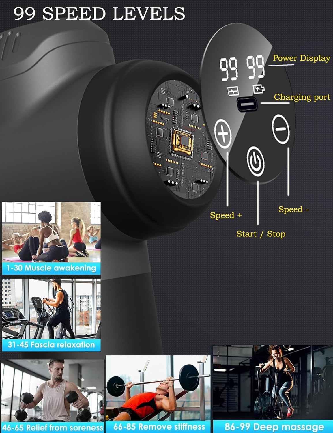 Massage Gun Deep Tissue, 99 Speeds Handheld Muscle Percussion Massager, 8 Massage Heads LCD Touch Screen, Portable Electric Back Massager with Carry Case for Muscle Pain Relief image number 3