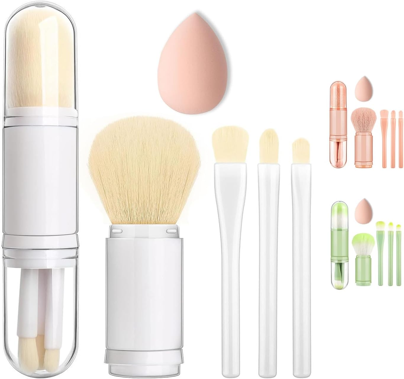 Travel Makeup Brush Set with Case, 4 in 1 Mini Cute Makeup Brush Retractable Professional Foundation Blending Powder Eye Shadow Brush for Women Facial Cosmetics Makeup Brush Set(Apricot)