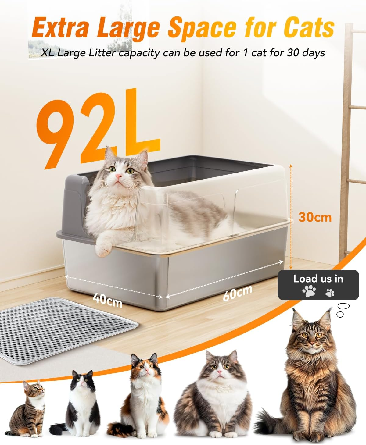 LOVELEDI Cat Litter Box - Stainless Steel Cat Litter Box, Extra Large Cat Little Tray with Lid for Big Cats, XXL Kitty Litter Pan Boxes with High Sides Enclosed, Non-Sticky, 61L X 40.6W X 30.5H CM image number 1