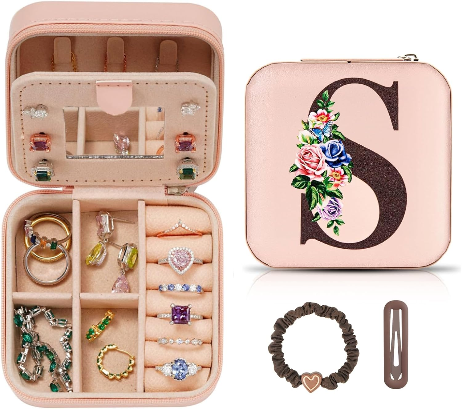 LIAN Travel Jewelry Box Initial Jewelry Case Small Jewelry Case with Mirror Accessories Ring Necklace Earring Jewelry Holder Organizer Birthday Graduation Teen Girl Personalized Gifts(U) image number 3