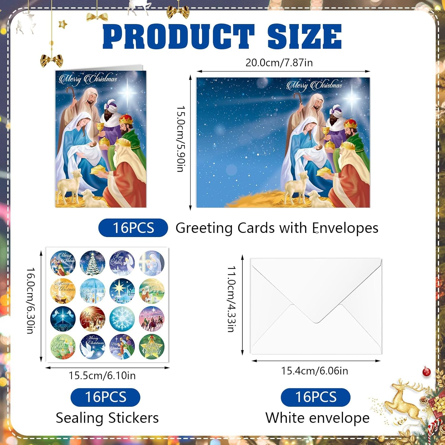 Religious Christmas Cards Multipack, 16 Style Christian Christmas Cards Greeting Xmas Gift Cards Christmas Nativity Cards with Envelopes and 16 Sealing Stickers for Kids and Family, Blank Inner image number 4