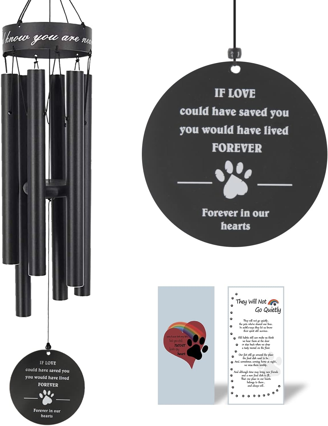 Astarin Pet Memorial Wind Chime, 30'' Paw Print Pet Remembrance Gift to Honor and Remember a Dog, Cat, or Other Pet, Premium Metal Wind Chime, Black
