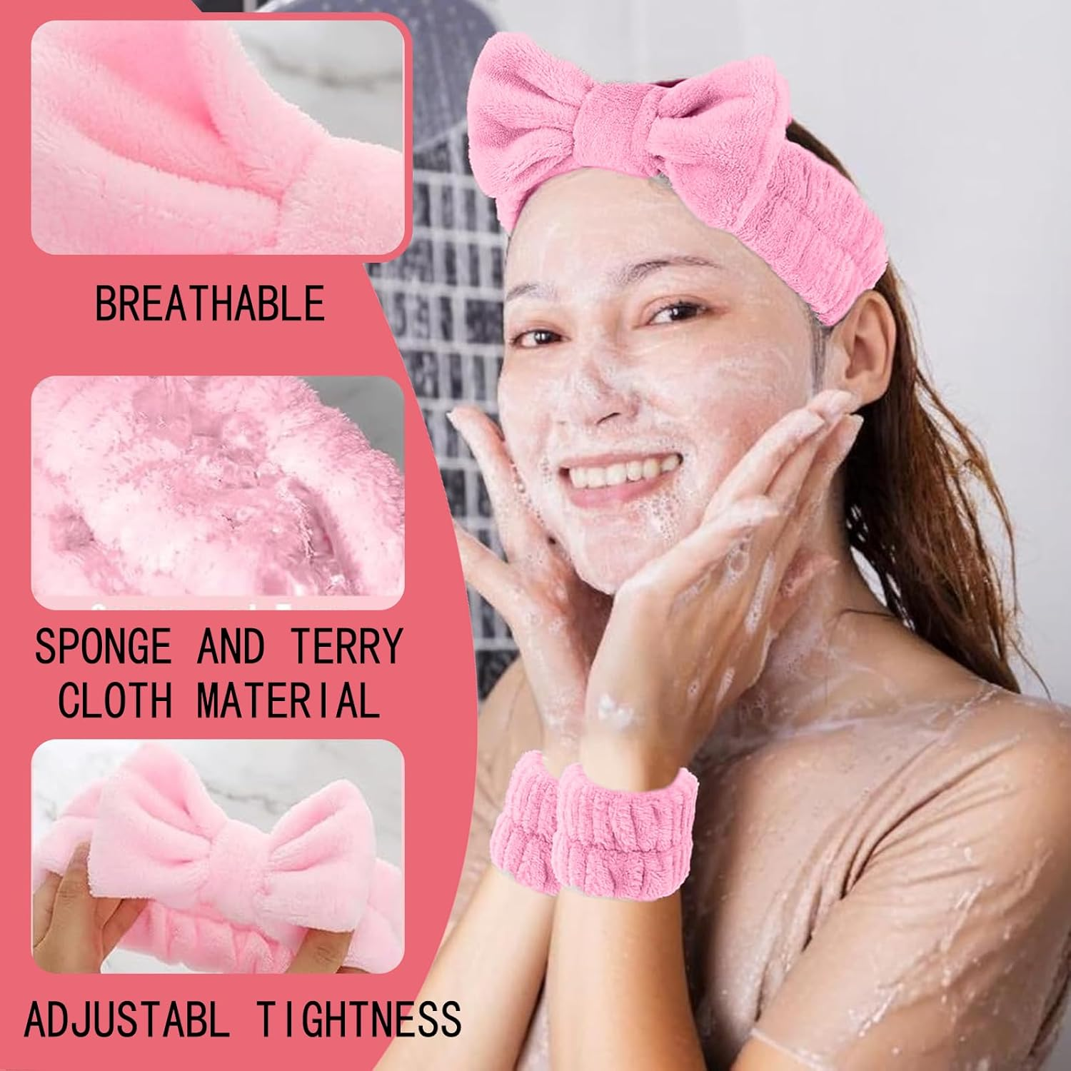 ZWWOGE Set of 4 Hairbands, Cosmetics, Pink Headband for Washing the Face, Skin Care, Headbands, Make-Up Hair Band, Headband, Wrist Wash Band Set for Women, Girls, Sports, Shower, Makeup Removal image number 3