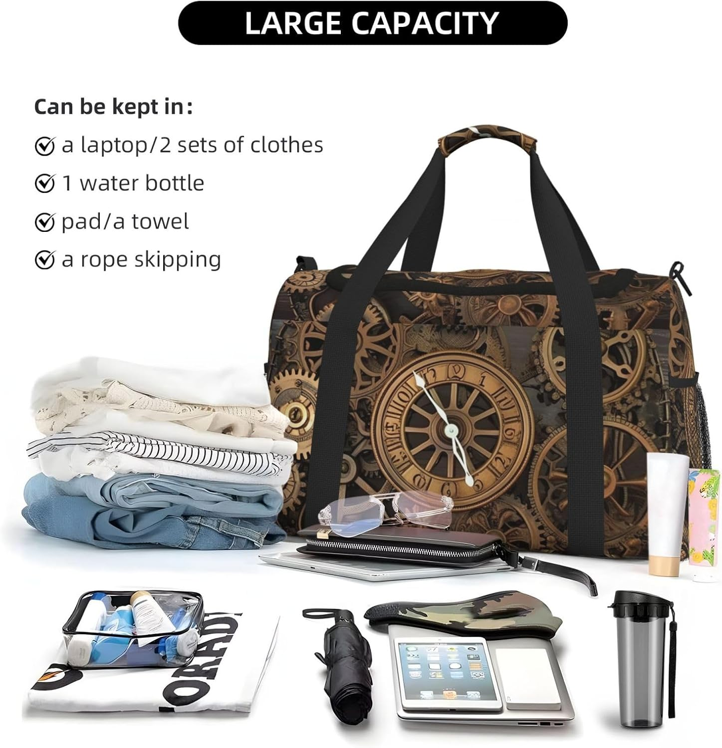 Steampunk Gears Clock Travel Duffel Bag Lightweight Waterproof Carry on Tote Bag Foldable Weekender Overnight Bags Sport Gym Bag for Women Men, Black, One Size image number 3