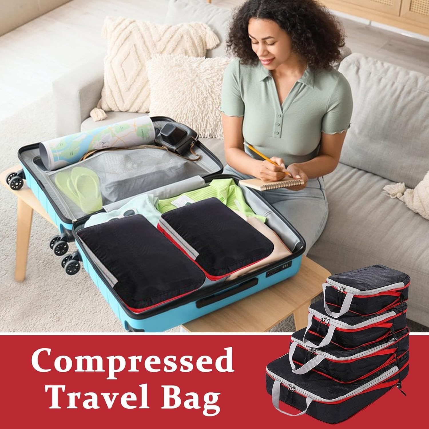 Ancsttu Packing Cubes,Travel Compression Bags for Packing - Space Saving Luggage Organizer Bags for College Backpacking Business Trip Cruise Moving House Dorm Camping image number 4