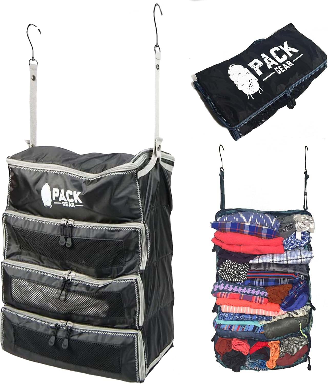 Pack Gear Suitcase Organizer | Pack More in Your Large or Carry on Luggage | Unpack Instantly with These Compression Packing Cubes for Suitcases | Hanging Shelf Organizer for Closet (Black) (Medium) image number 4