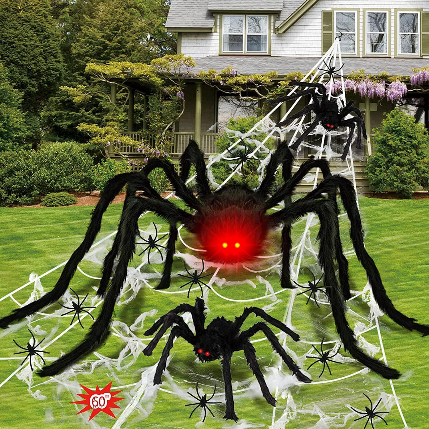 Halloween Decorations Outdoor 16 FT Giant Halloween Spider Web, 60'' Large Spider + 20 Spiders and 40G Stretch Cobwebs Triangular Spider Web Halloween for Haunted House Yard Lawn Party Halloween Decor image number 6
