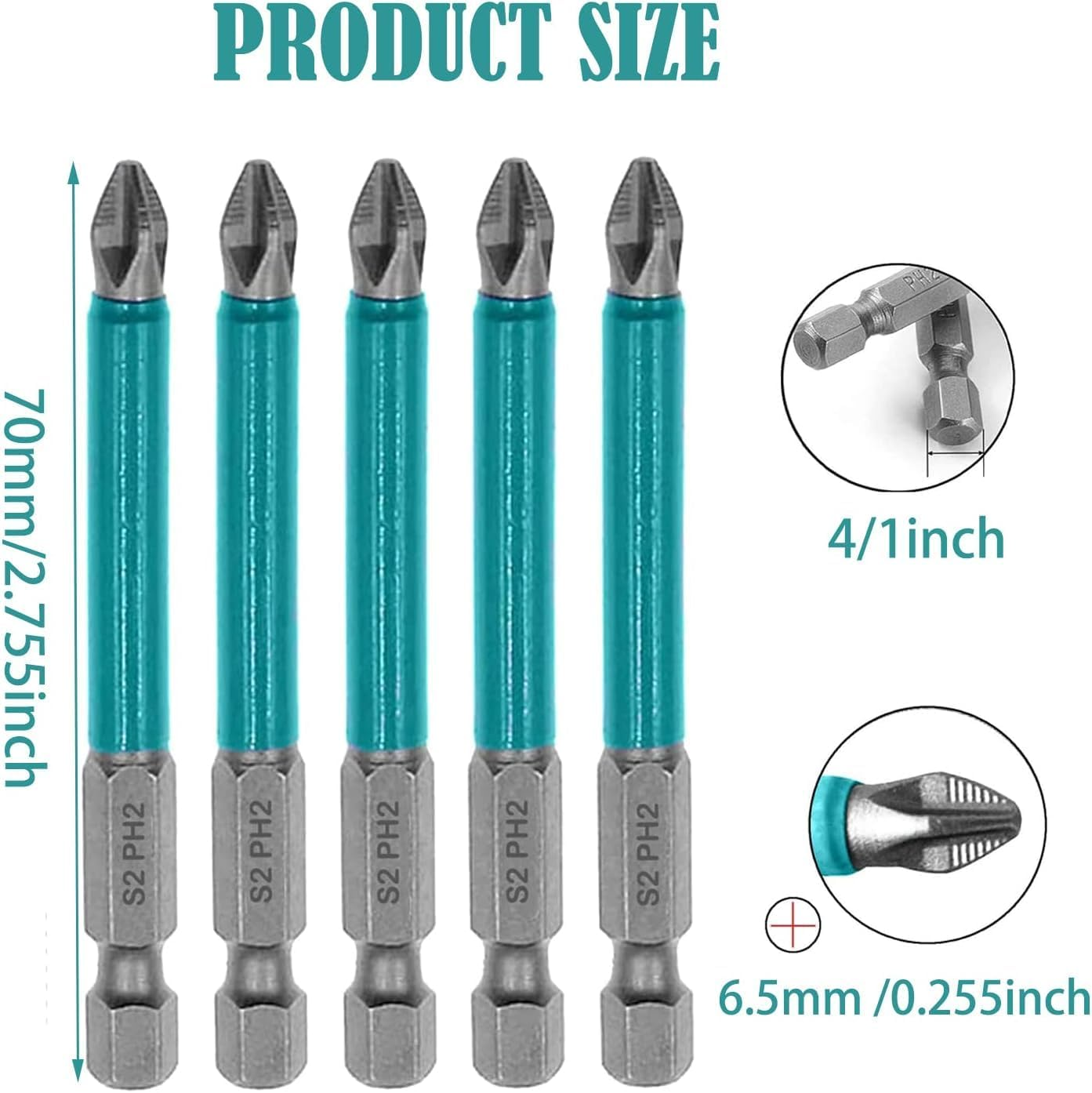 KEWAYO 10Pcs Magnetic Phillips Head Screwdriver Bit Set, PH2, 1/4 Inch Hex Shank, Anti-Slip, 70Mm Length