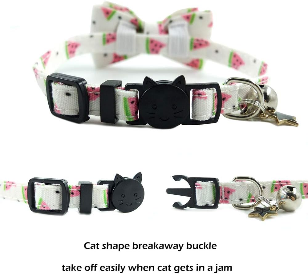 Bow Tie Kitten Collar with Bell and Accessories, Printing Breakaway Cat Collar for Kitty 10 Colors Adjustable 7.5-11In (Watermelon) image number 3
