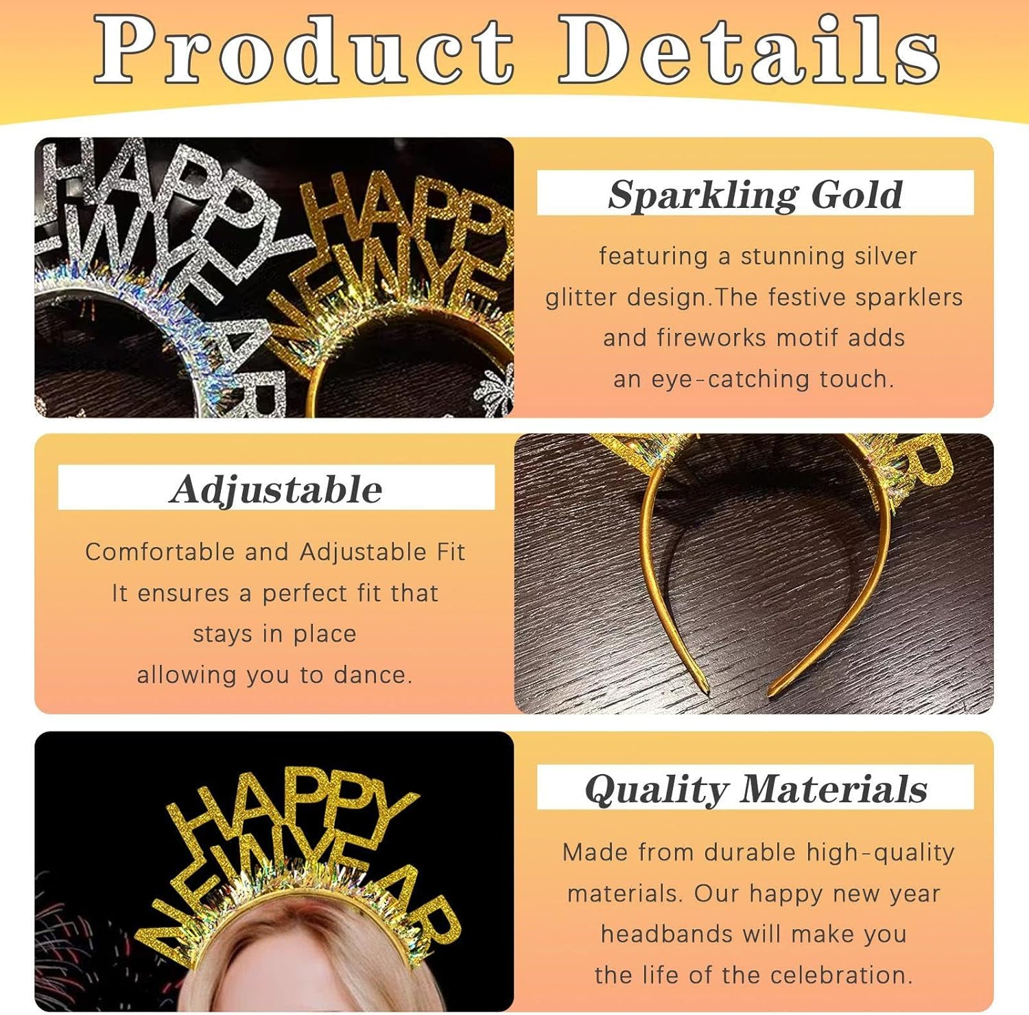 YSJCHEBS 2 Pieces Happy New Year Headbands, Headband Decoration for Women, Fashion Headbands with Lettering, New Year Accessories, New Year Party Headbands, Hairstyle Decoration image number 1