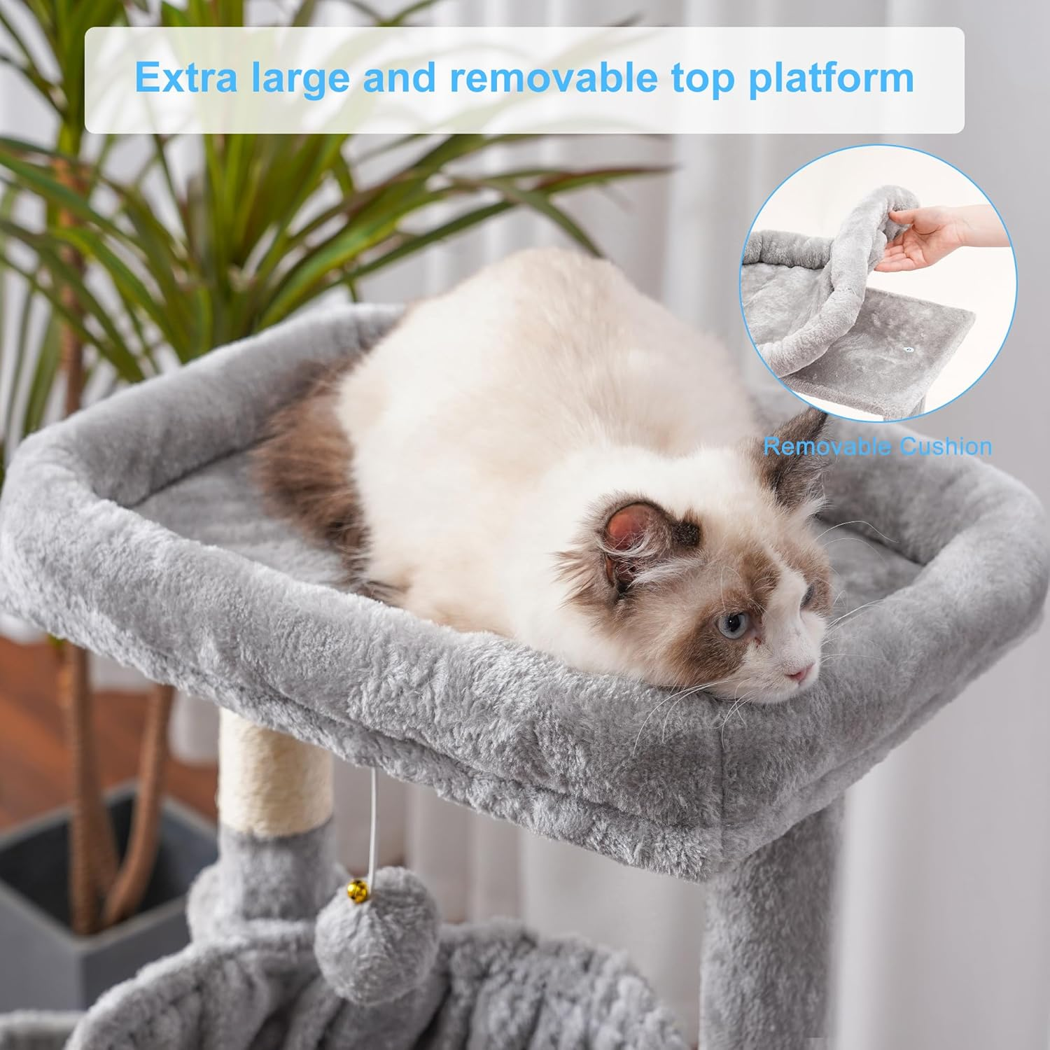 Hey-Brother Cat Tree, Cat Tower for Indoor Cats, Cat House with Large Padded Bed, Cozy Condo, Hammocks, Sisal Scratching Posts, Big Scratcher, Light Gray MPJ006SW image number 4