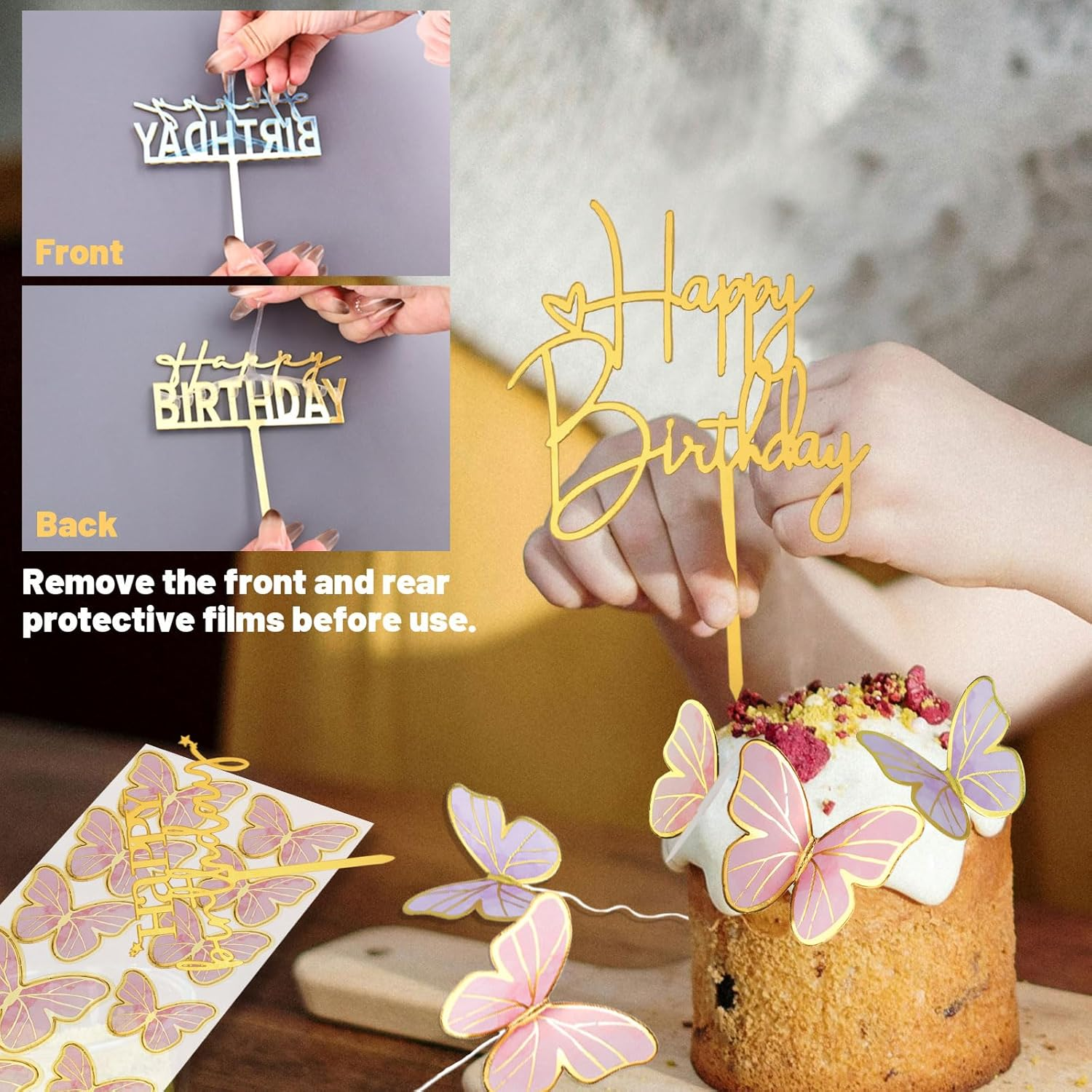 88Pcs Butterfly Cake Toppers, 5Pcs Gold Acrylic Happy Birthday Cake Toppers, Mixed Size 3D Butterfly Cake Decorations for Cupcake Wedding Birthday Party Decor (Purple & Pink) image number 1