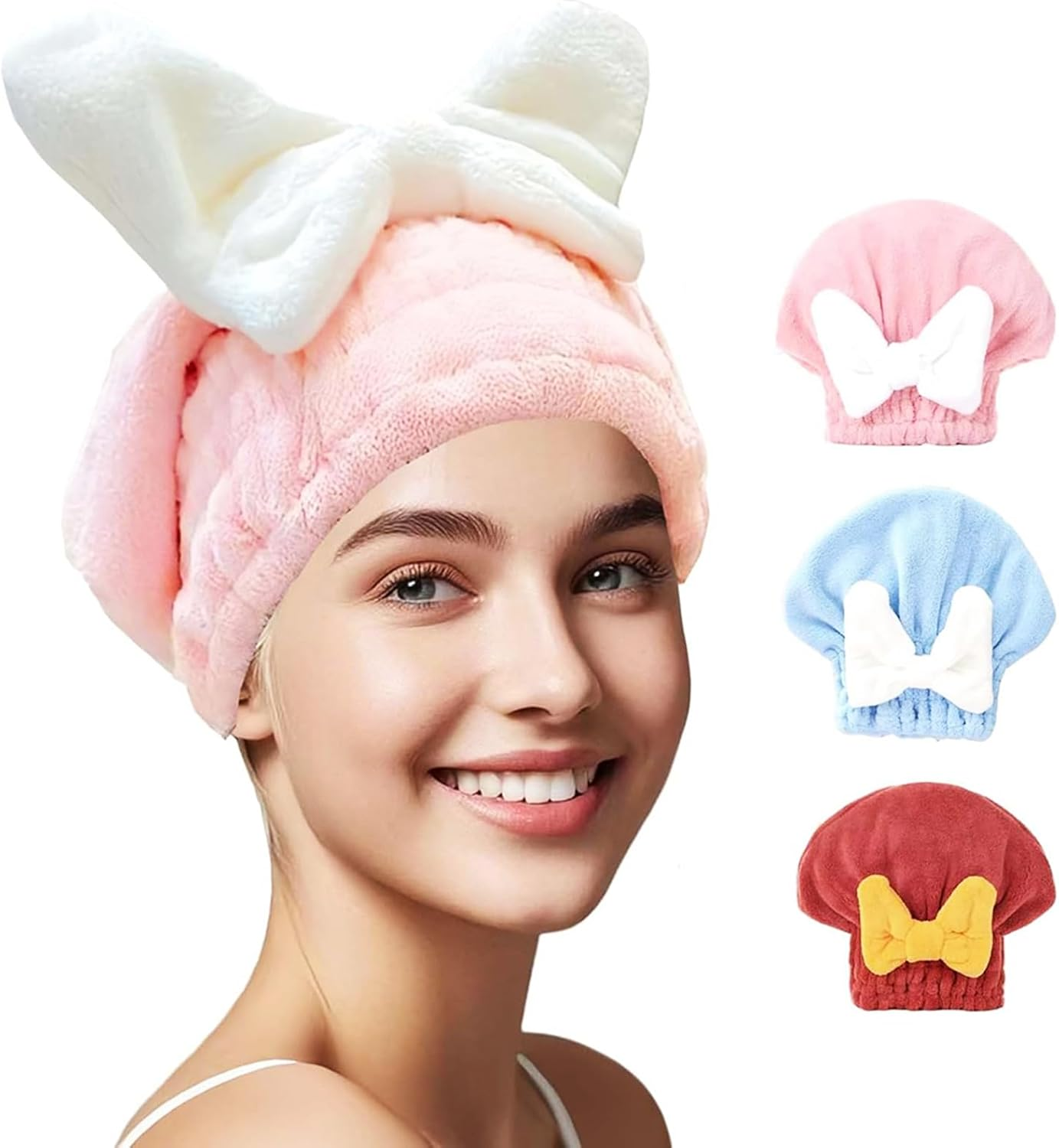 Meichoon Hair Towel 3-Pack Quick-Dry Microfiber Hair Drying Towels with Bow Design Cap Shape Elastic Band for Soft Frizz-Free Hair DK60 A