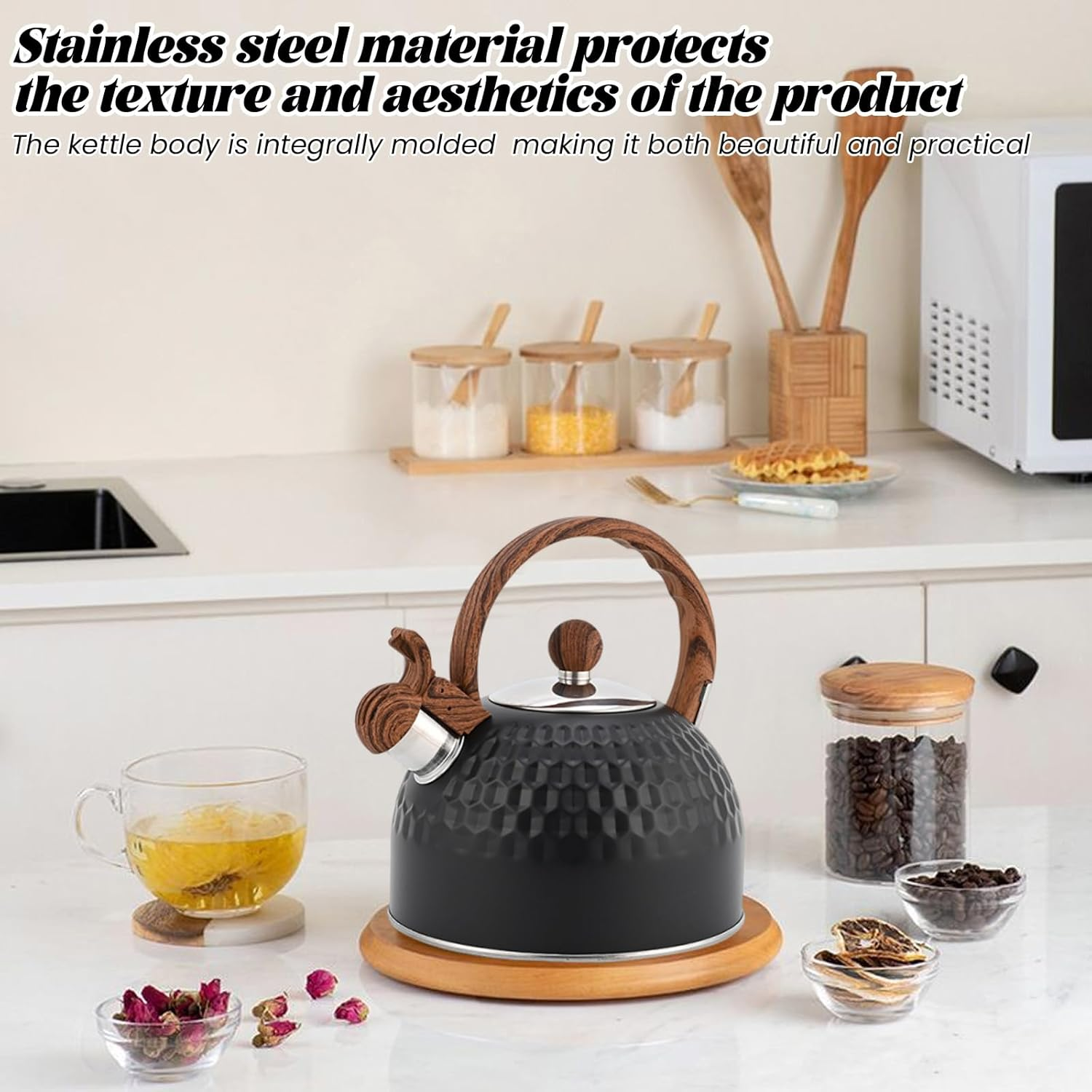 Whistling Tea Kettle Stovetop, 85 OZ / 2.5 Liter Stainless Steel Stove Gas Induction Teapot, Quick Heating Automatic Whistle Teapots Stove Teapots Stove Teapot, Black image number 3