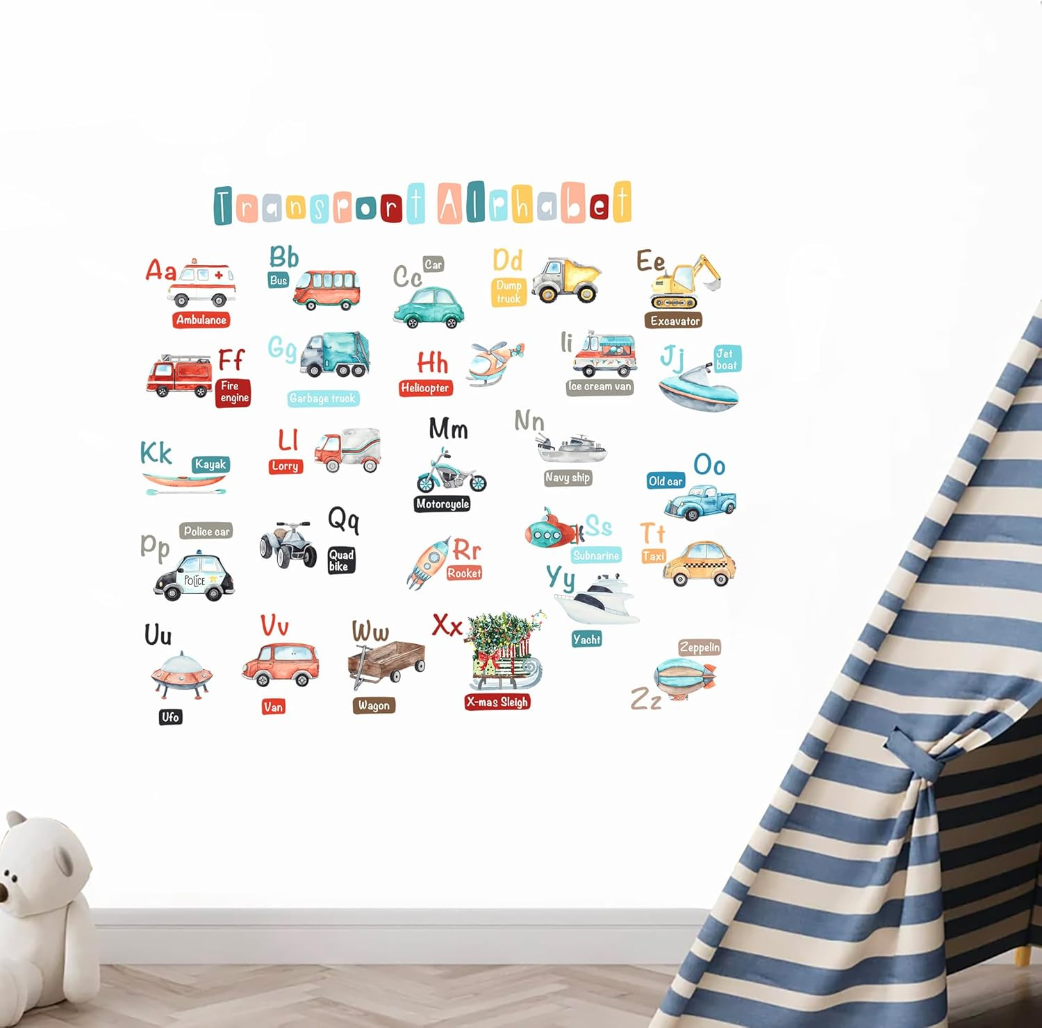 Transport Alphabet Wall Decals for Kids &ndash; a to Z Vehicles Theme Stickers &ndash; Removable Reusable Fabric Decals for Nursery, Playroom, Classroom &ndash; 6 Sheets, 121 Stickers