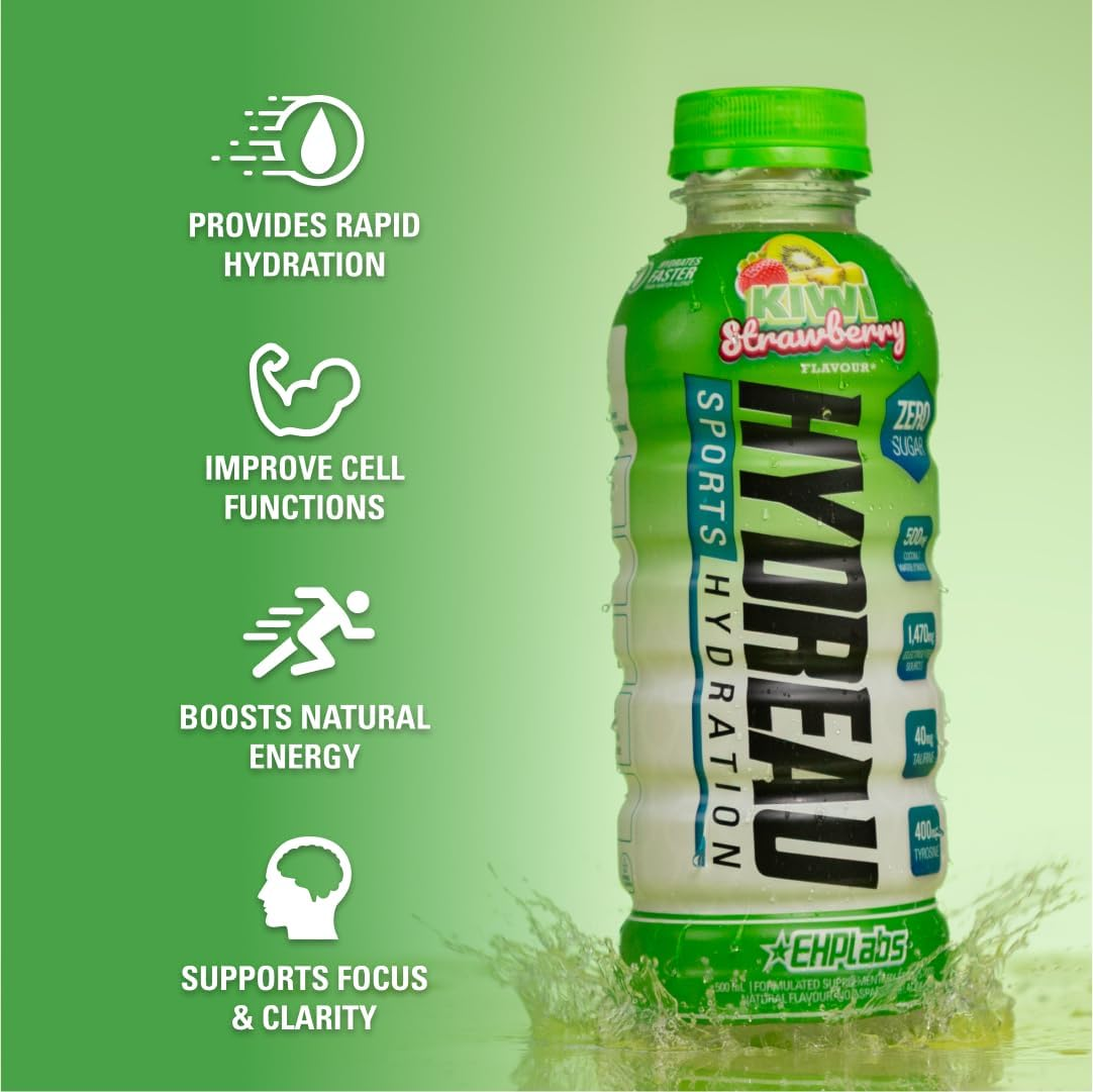 EHP Labs Hydreau Sports Electrolyte Hydration Drink - Sugar Free Electrolytes with Coconut Water Powder, Taurine & Tyrosine - Essential Electrolytes for Energy, Focus, & Endurance. 12 Pack, Kiwi Strawberry image number 3
