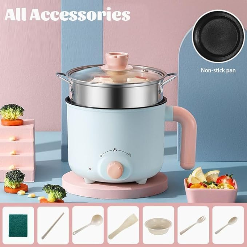 Electric Hot Pot, 1.5L Mini Multifunction Electric Cooker for Shabu-Shabu, Stir Fry, Noodles, Pasta, Nonstick Frying Pan for Saut&eacute;, Dual Power Control Ramen Cooker for Dorm and Office image number 3