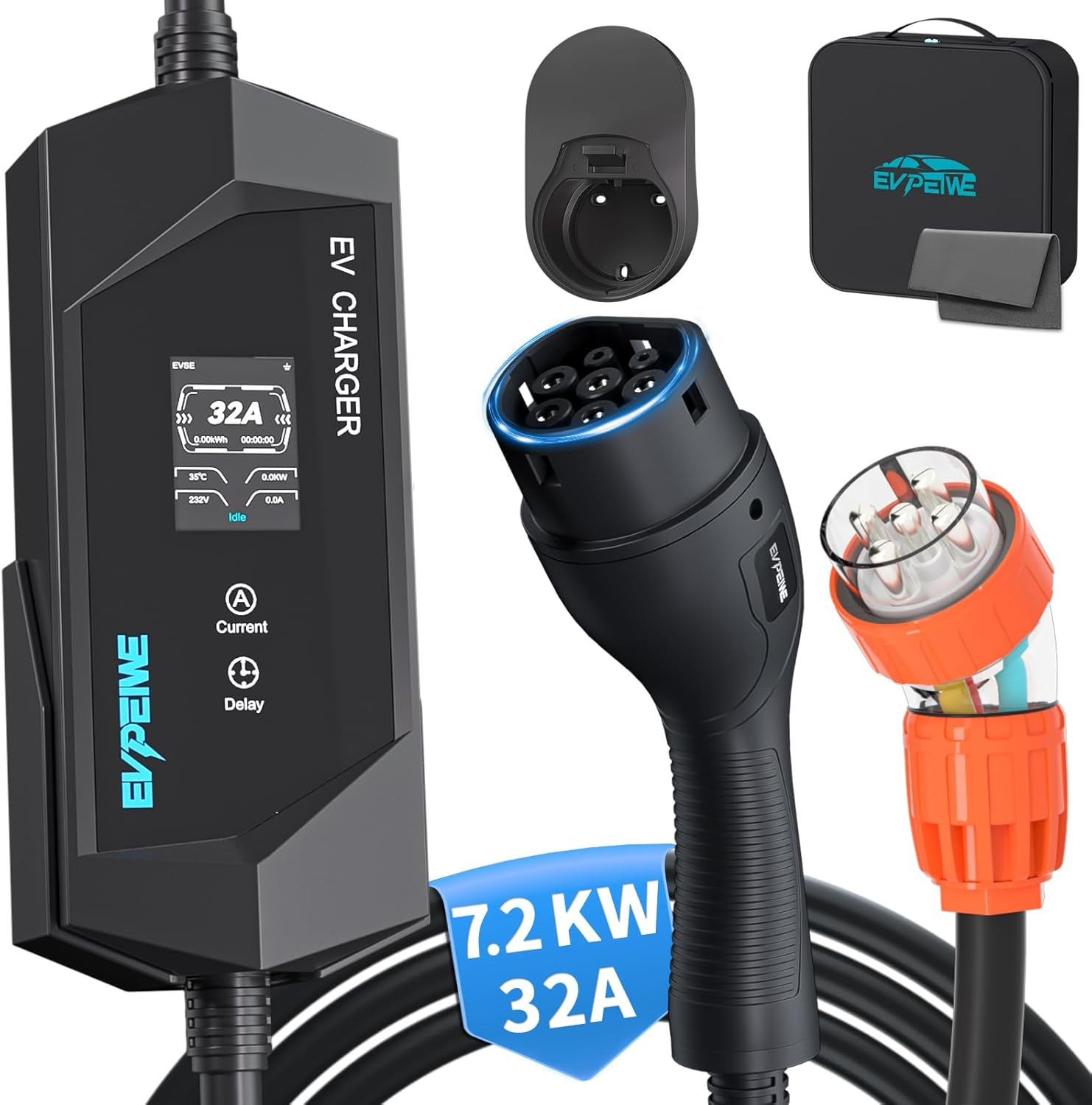 EVPEIWE Type 2 EV Charger 32A 7KW Portable Type 2 EV Charging Cable 5 Pin Single Phase EV Home Charger 6A-32A Adjustable Current Type 2 EV Charger for IEC 62196-2 Evs Model 3/Y BYD Atto3 MG, IP65